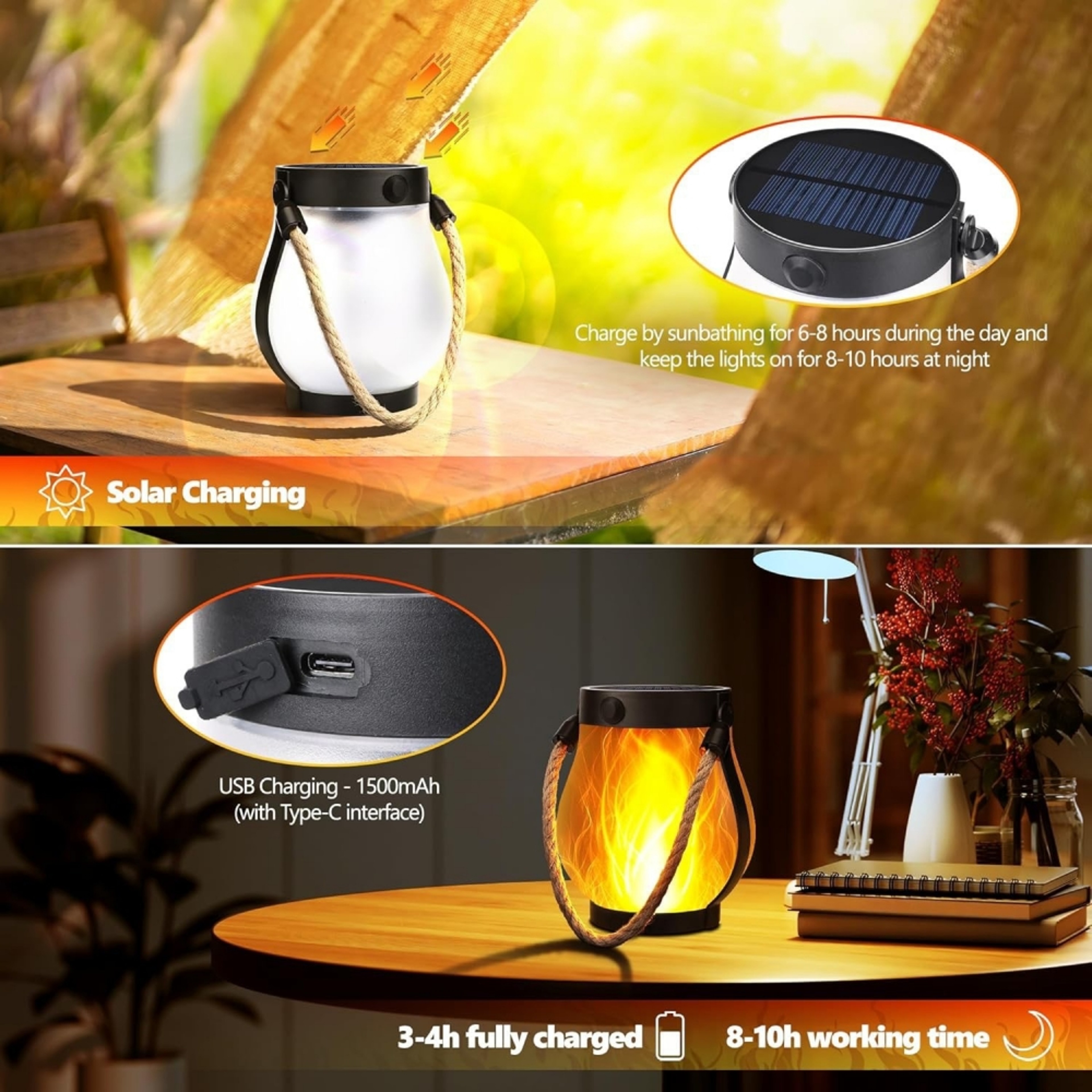 Solar Flickering Flame Lantern USB C Waterproof Outdoor Hanging Garden Light 3