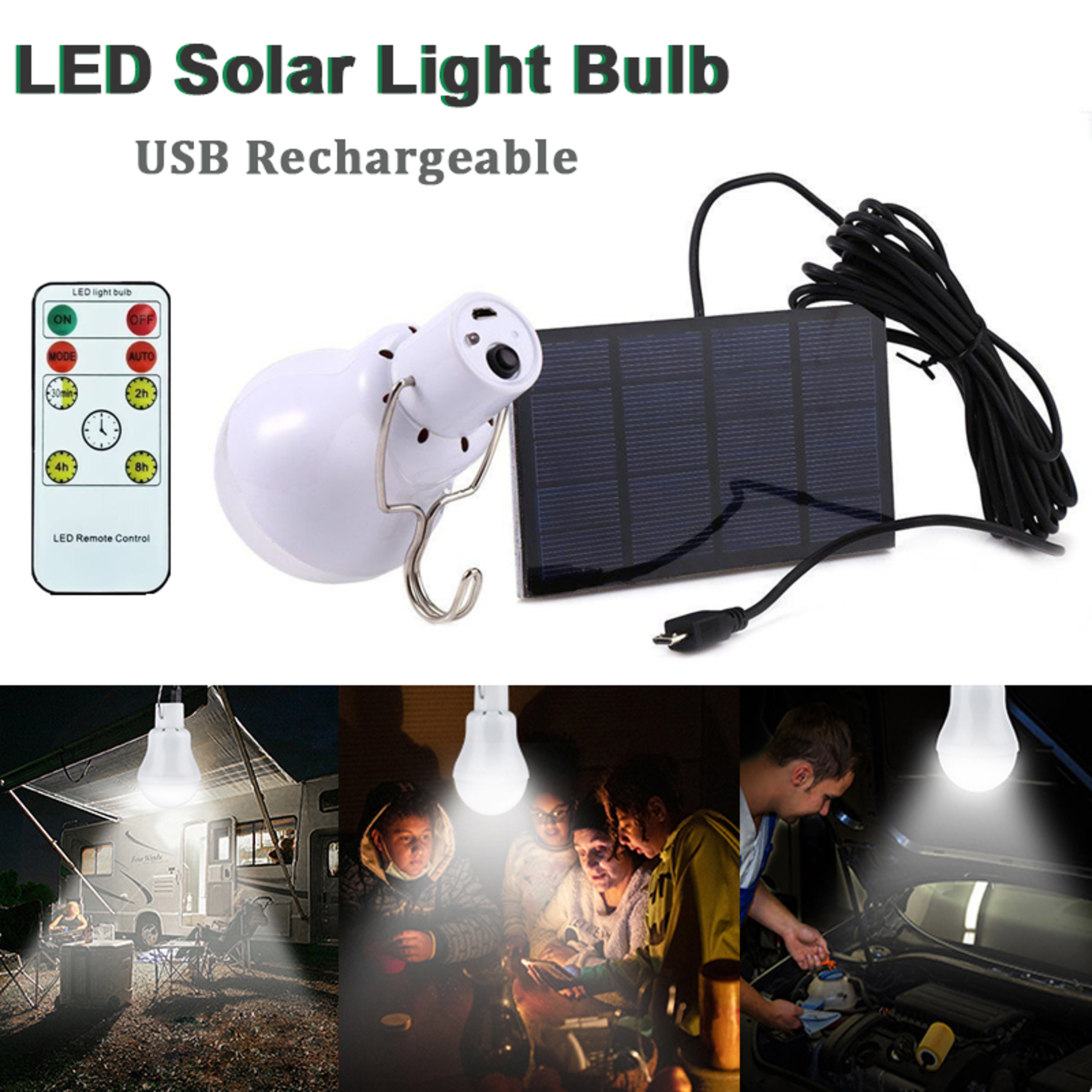 Portable Solar Light Bulb USB Rechargeable LED Camping Emergency Hanging Light 0