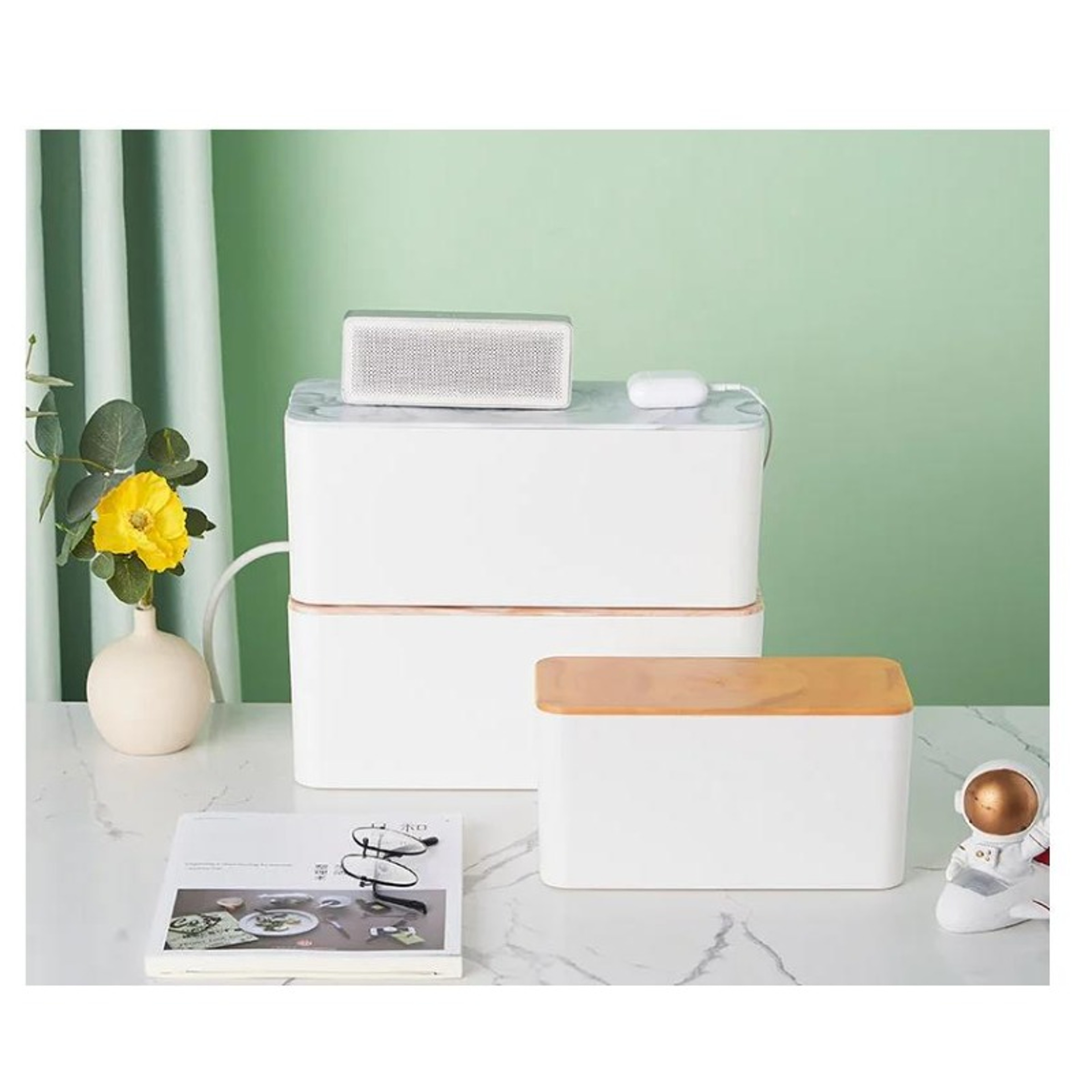Bamboo Lid Cable Management Box Power Strip Storage and Cord Organizer – view 1