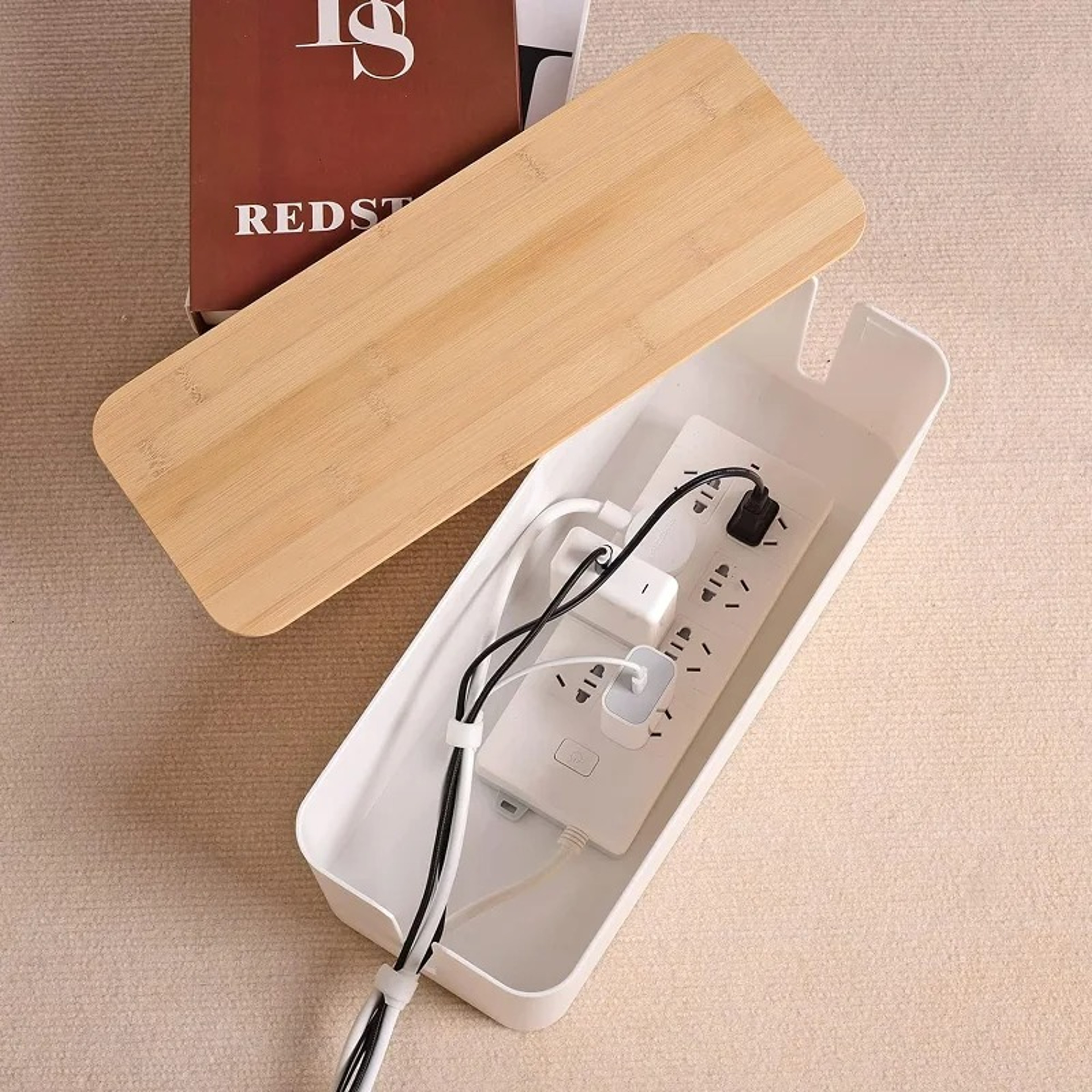 Bamboo Lid Cable Management Box Power Strip Storage and Cord Organizer – view 5