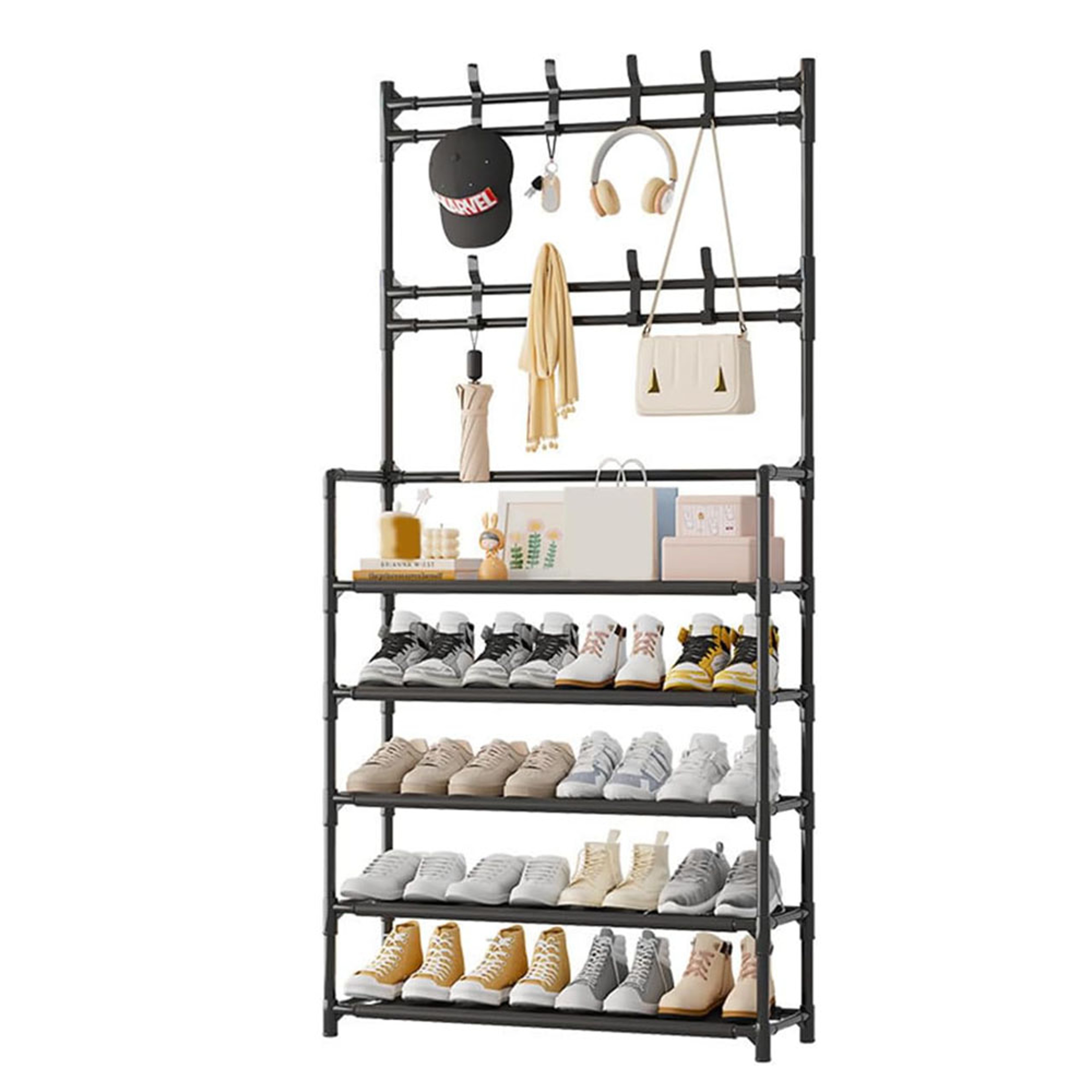 5 Tier Shoe Rack With Coat Hooks Freestanding Entryway Organizer 0