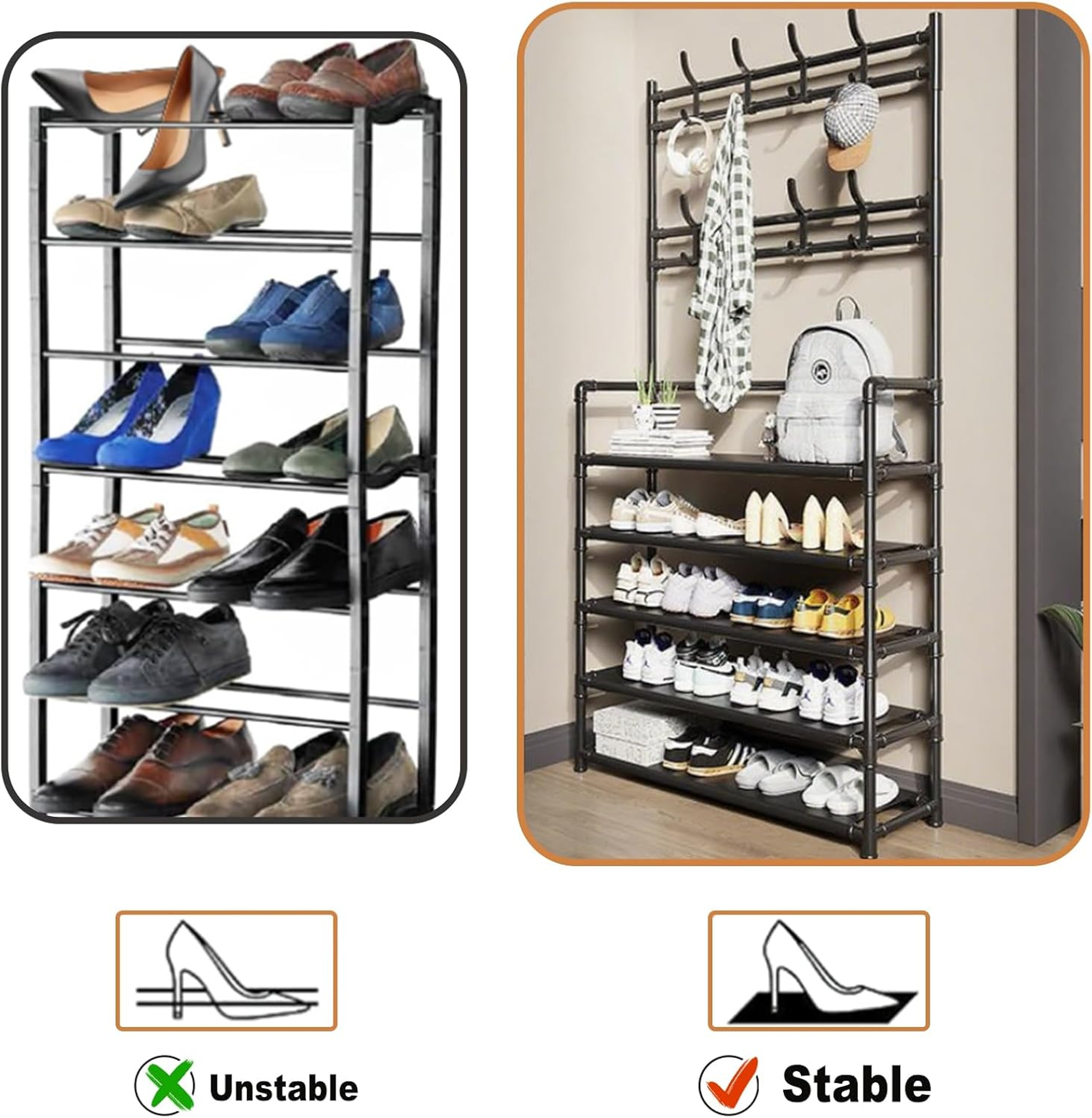 5 Tier Shoe Rack With Coat Hooks Freestanding Entryway Organizer 3