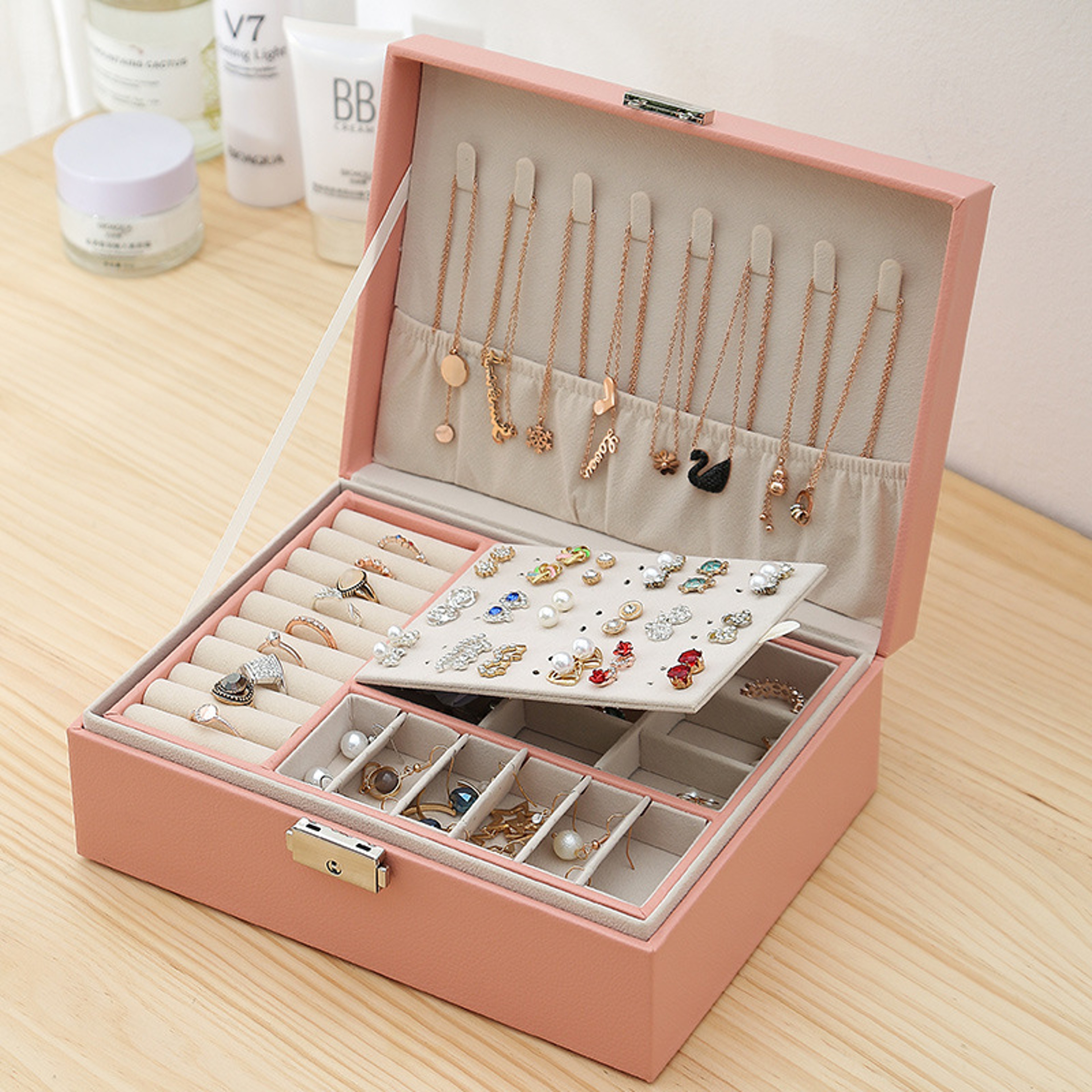 Double Layer Jewelry Organizer Box PU Leather Storage Case For Rings Earrings And Necklaces 2