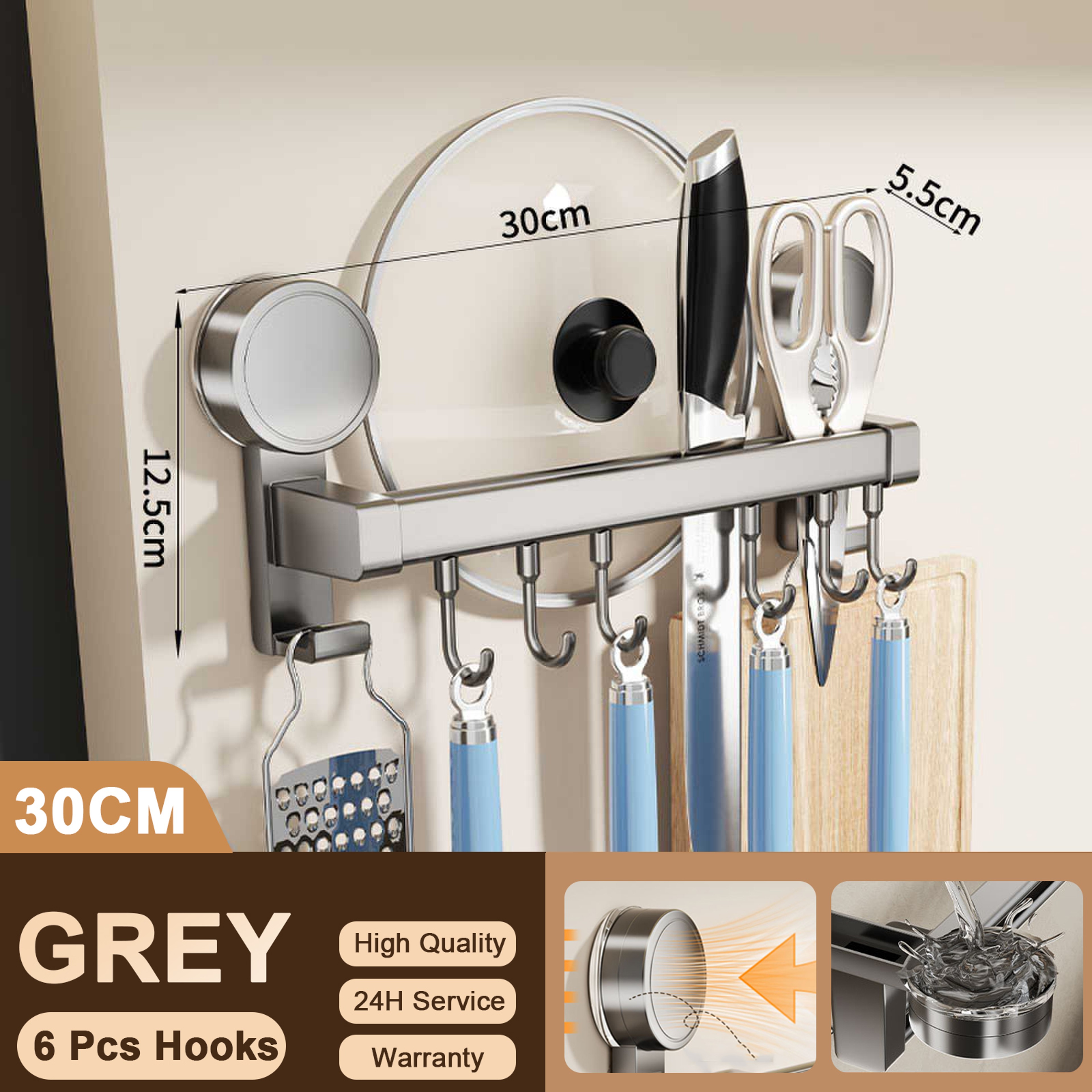Wall Mounted Kitchen Hook Rack No Drill Utensil Organizer With Chopping Board Holder 7