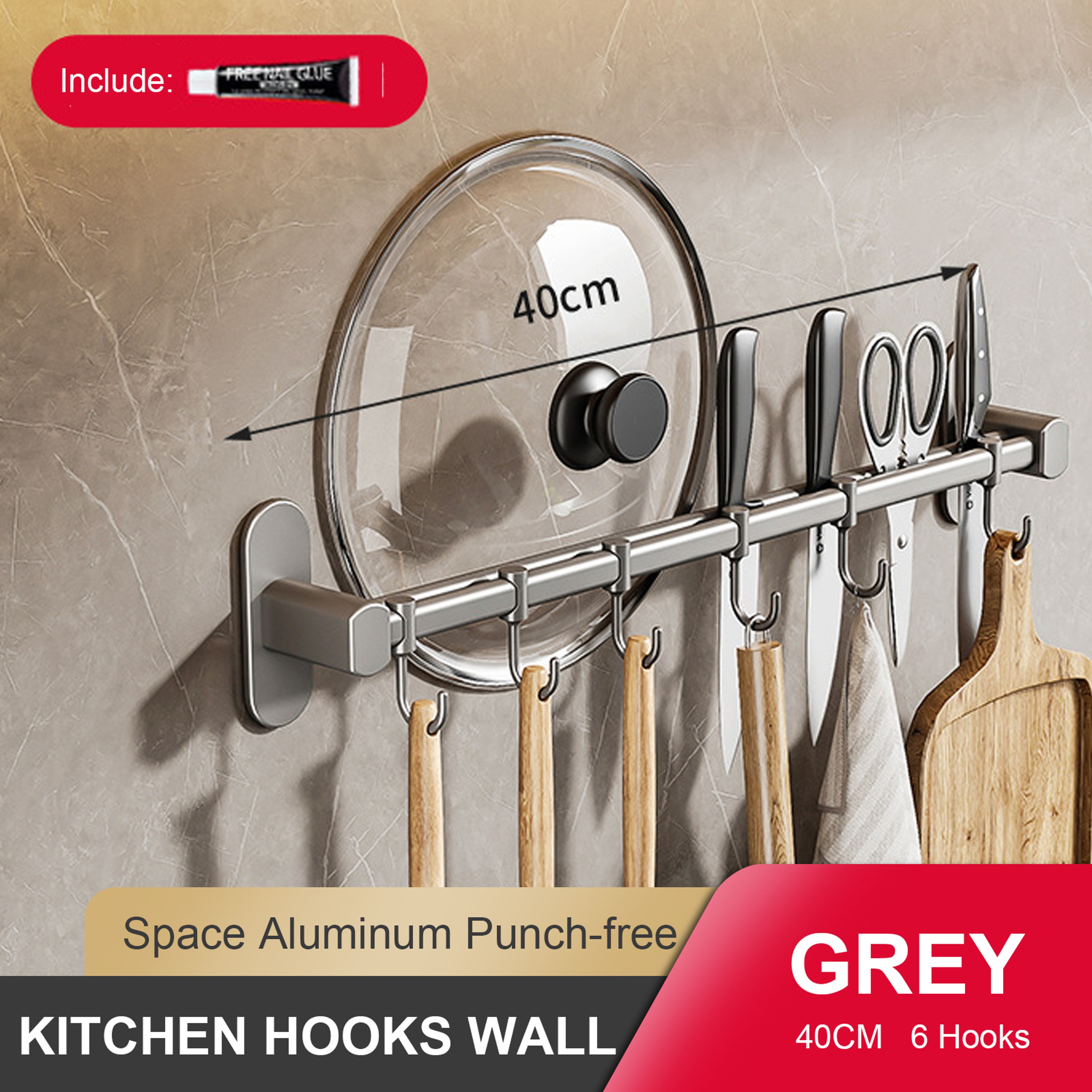 Wall Mounted Kitchen Hook Rack No Drill Utensil Organizer With Chopping Board Holder 7