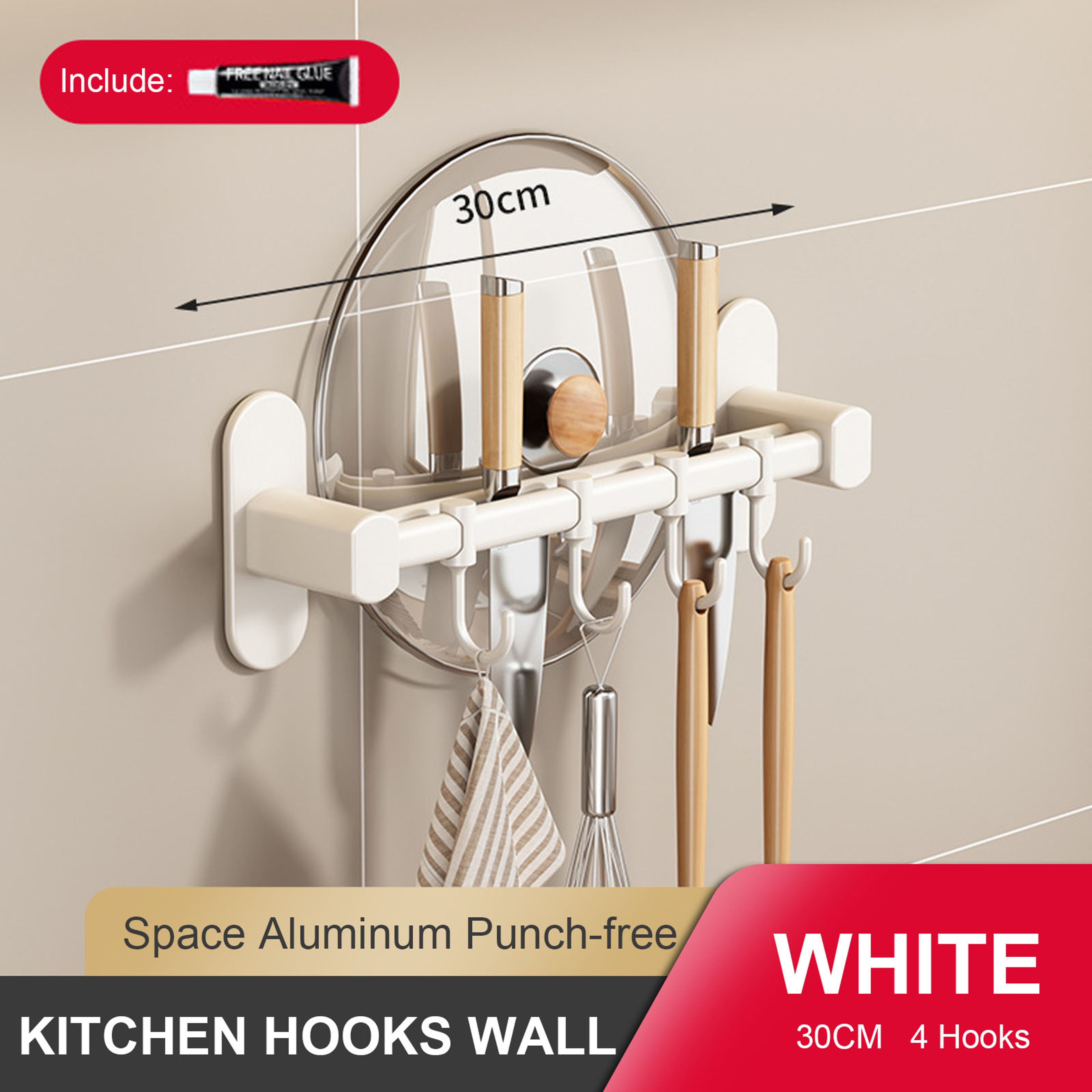 Wall Mounted Kitchen Hook Rack No Drill Utensil Organizer With Chopping Board Holder 9