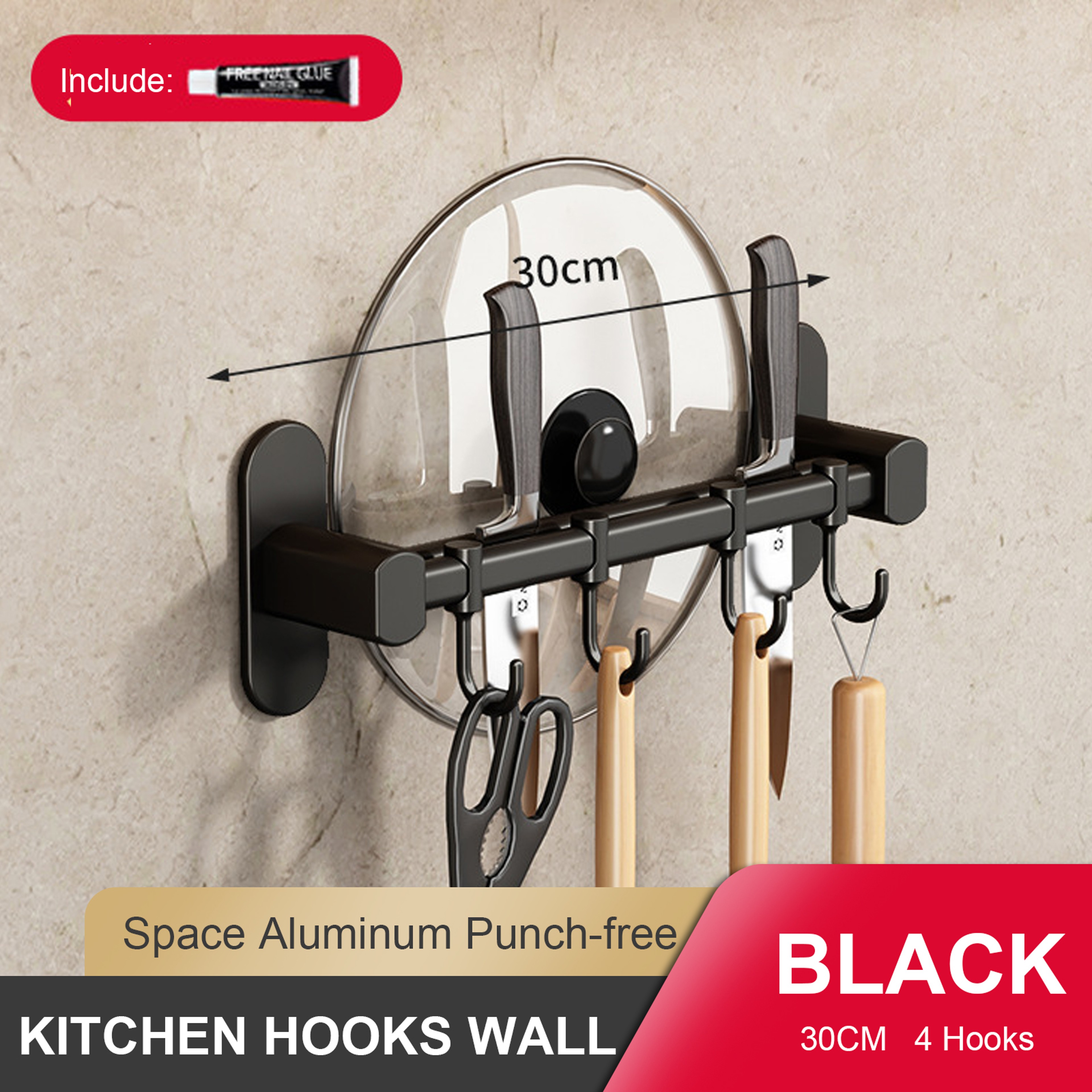 Wall Mounted Kitchen Hook Rack No Drill Utensil Organizer With Chopping Board Holder 12