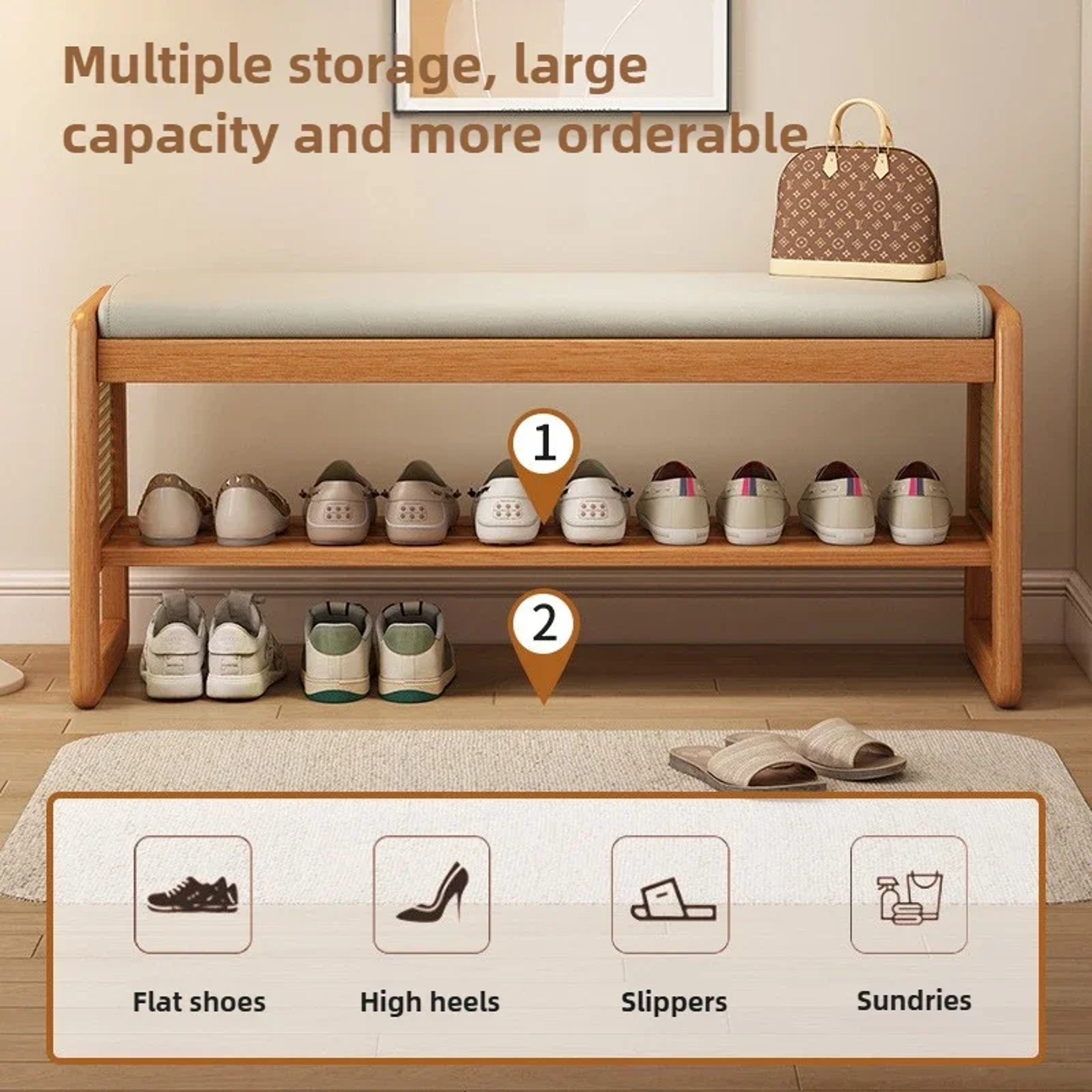 Teng Woven Shoe Storage Bench Solid Wood Entryway Bench with Multi Layer Shelves – view 3
