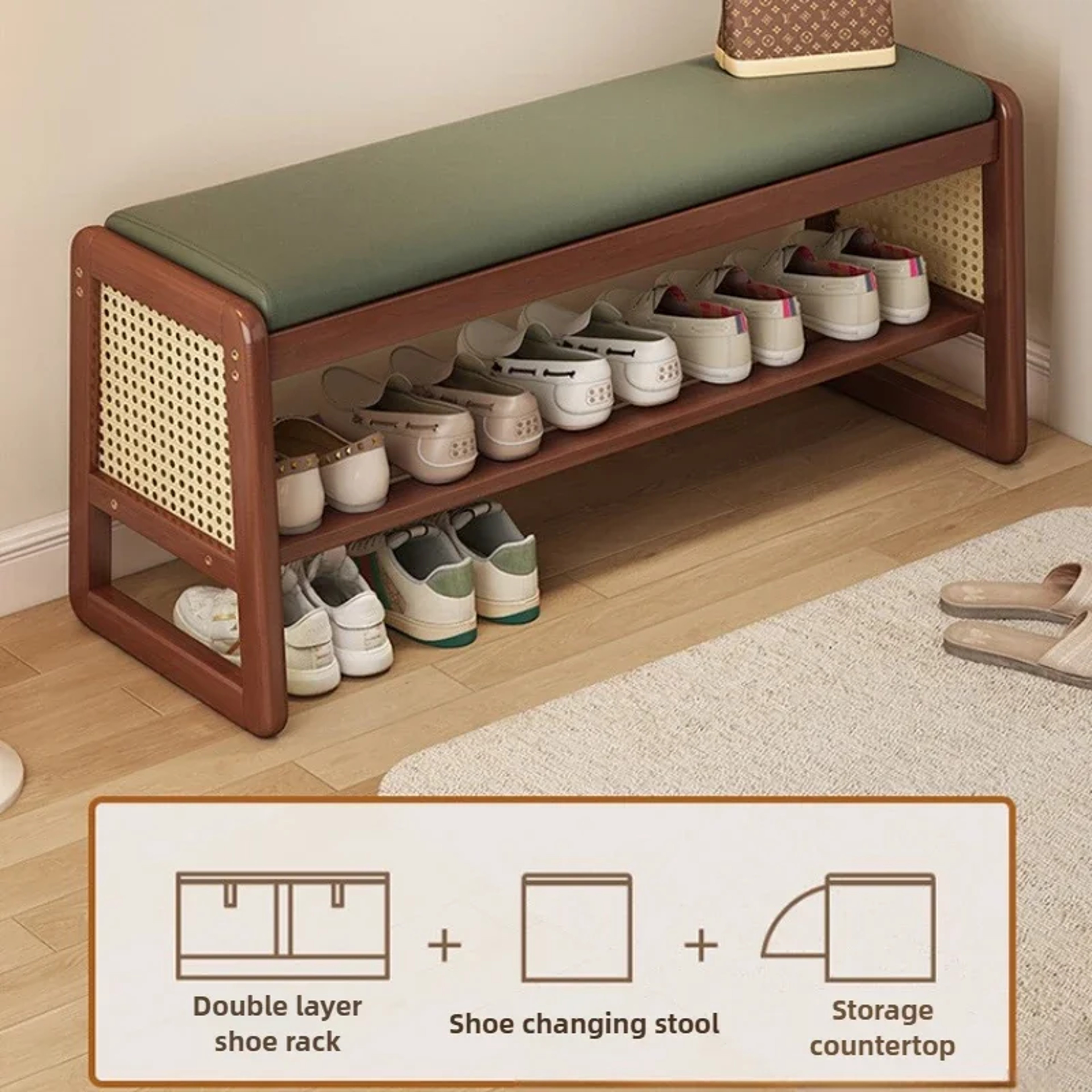 Teng Woven Shoe Storage Bench Solid Wood Entryway Bench with Multi Layer Shelves – view 5