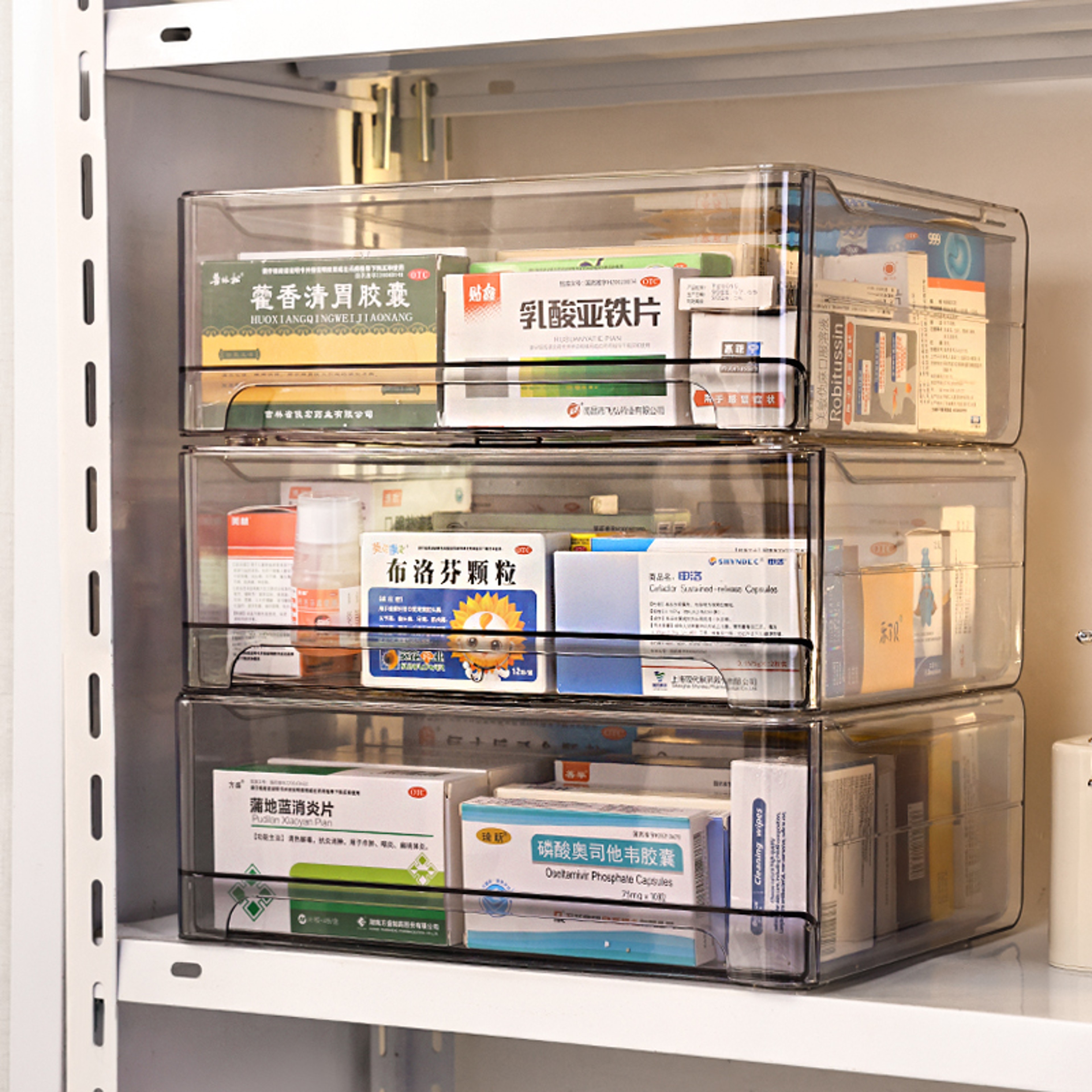 Stackable Medicine Organizer With Pull Out Drawer And Transparent Gray Storage 2