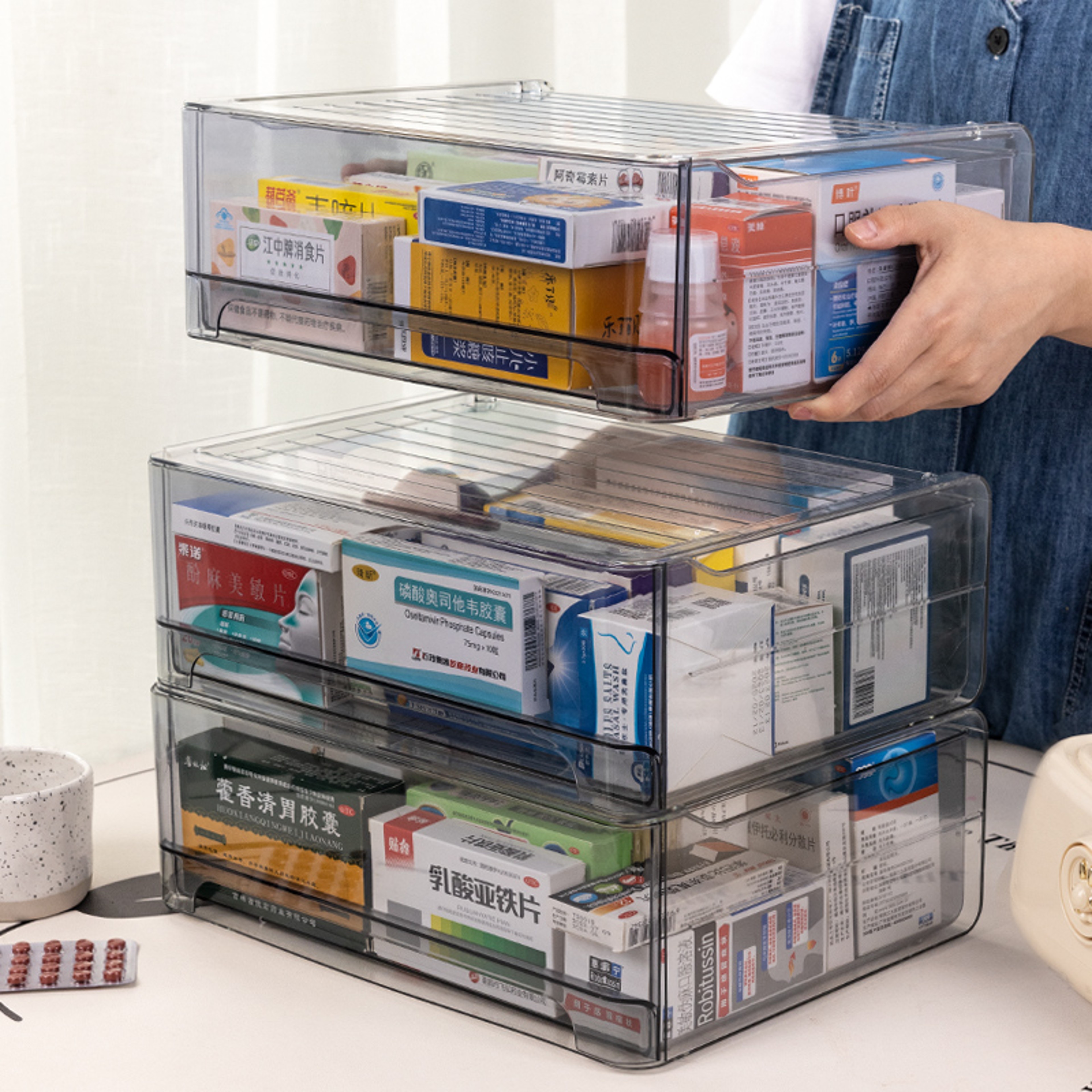 Stackable Medicine Organizer With Pull Out Drawer And Transparent Gray Storage 3