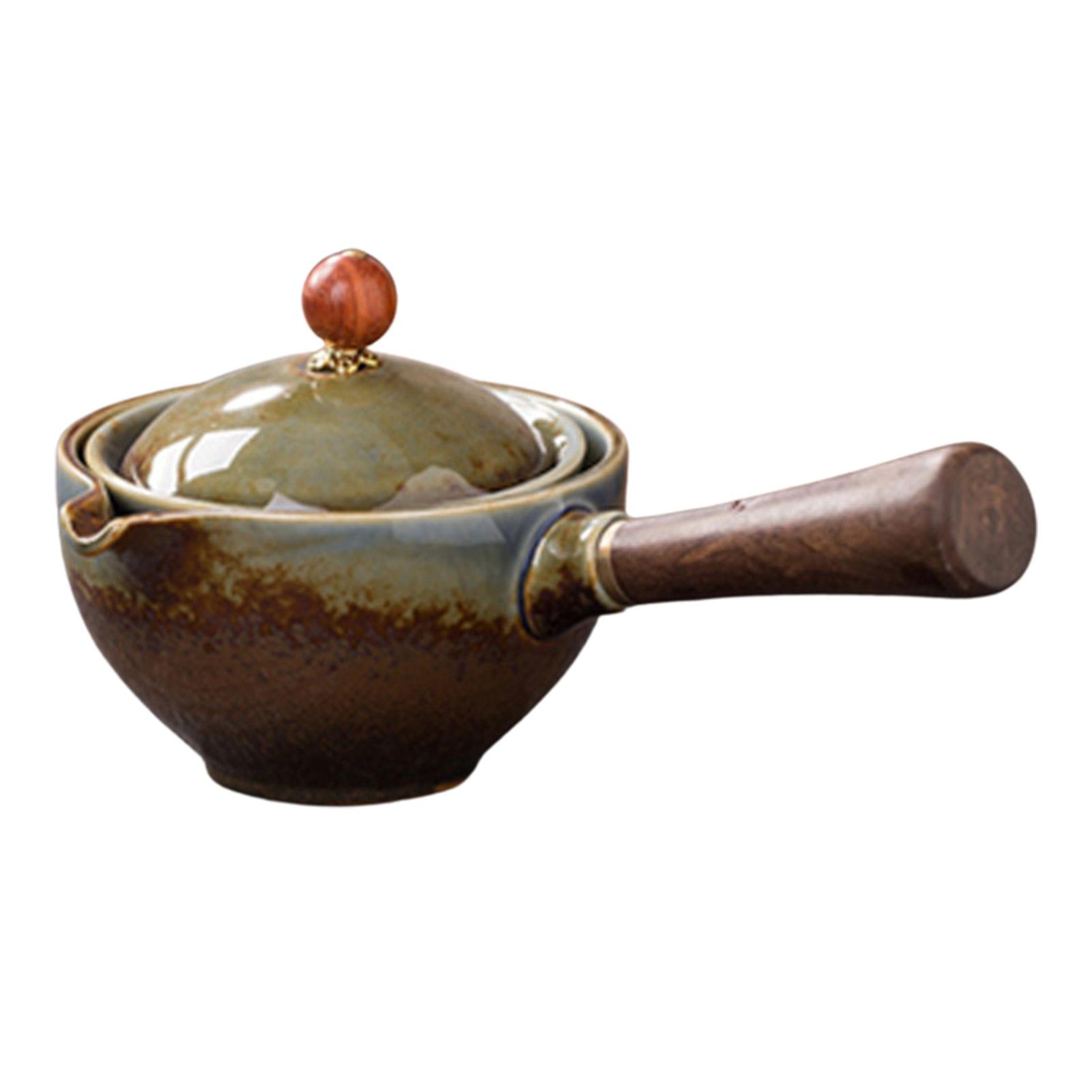 160ml Ceramic Teapot With Rotating Infuser And Wooden Side Handle For Gongfu Tea 12