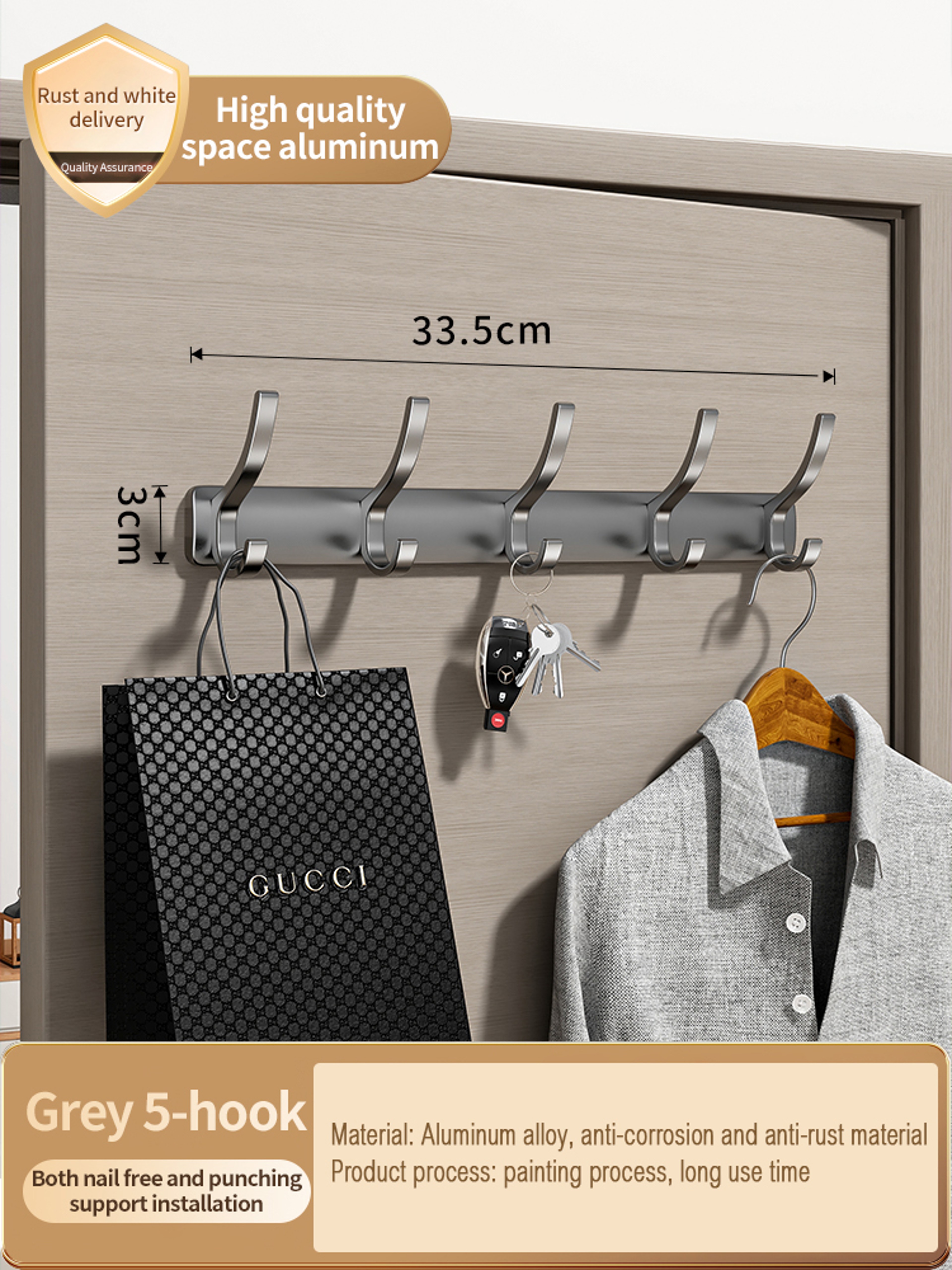 No Drill Aluminum Wall Hook Rack with Multiple Hooks for Towels Clothes and Bags – view 18