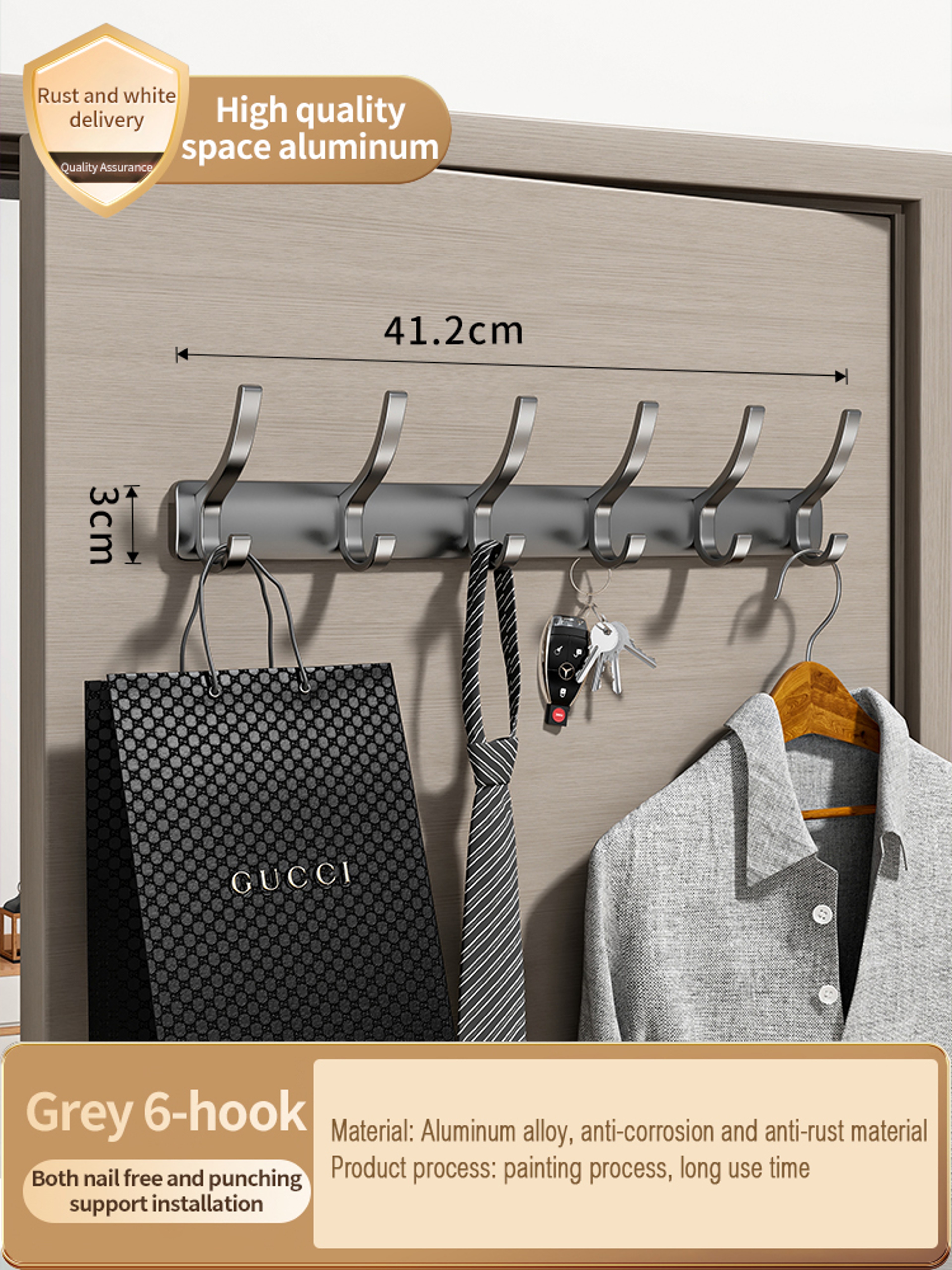 No Drill Aluminum Wall Hook Rack with Multiple Hooks for Towels Clothes and Bags – view 17