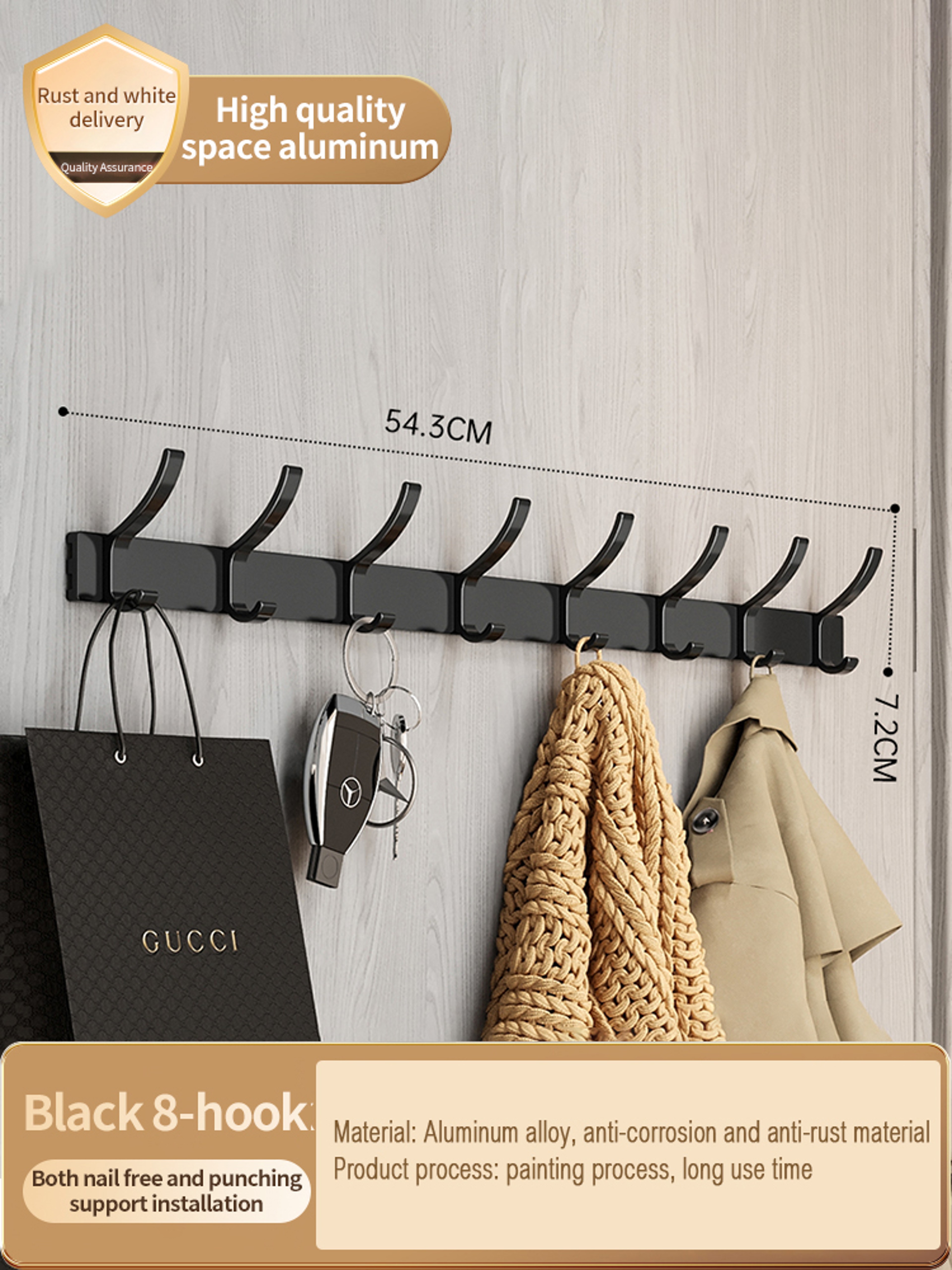 No Drill Aluminum Wall Hook Rack with Multiple Hooks for Towels Clothes and Bags – view 25
