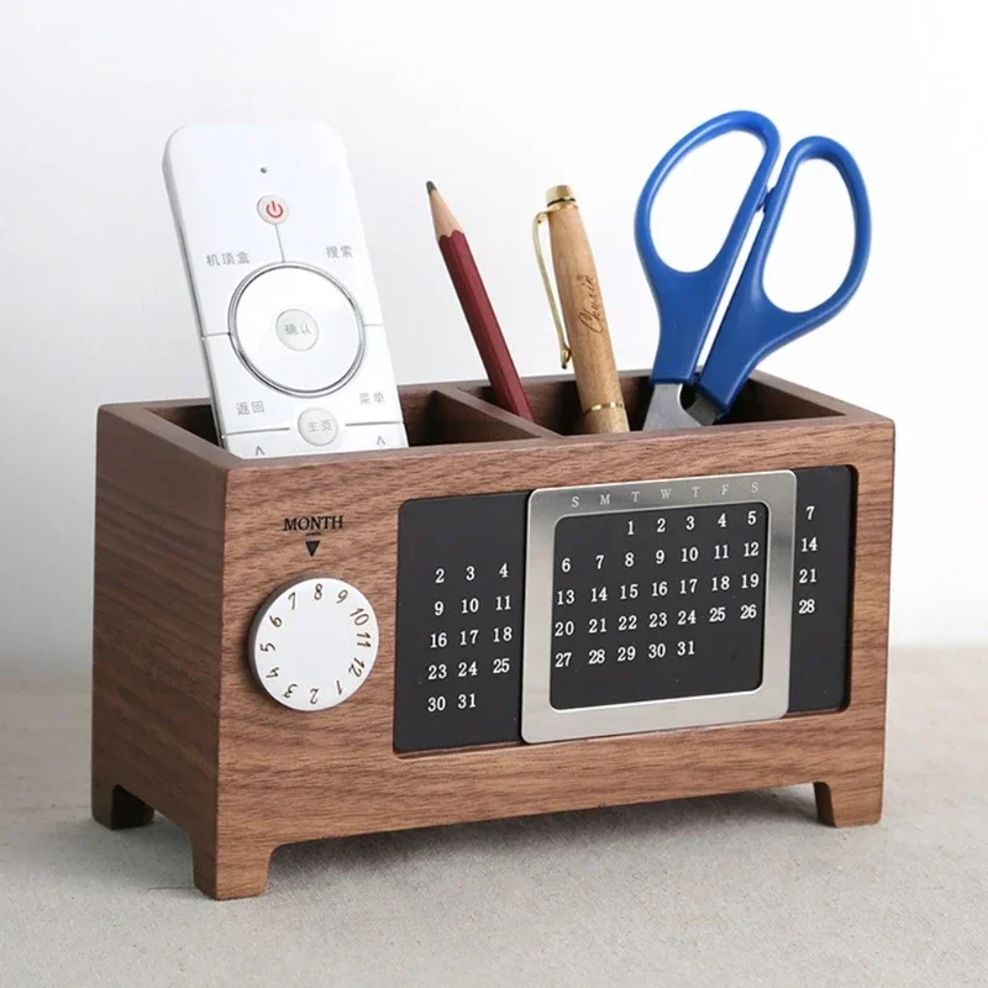 Wooden Desktop Organizer With Pen Holder Remote Storage And Calendar Function 6