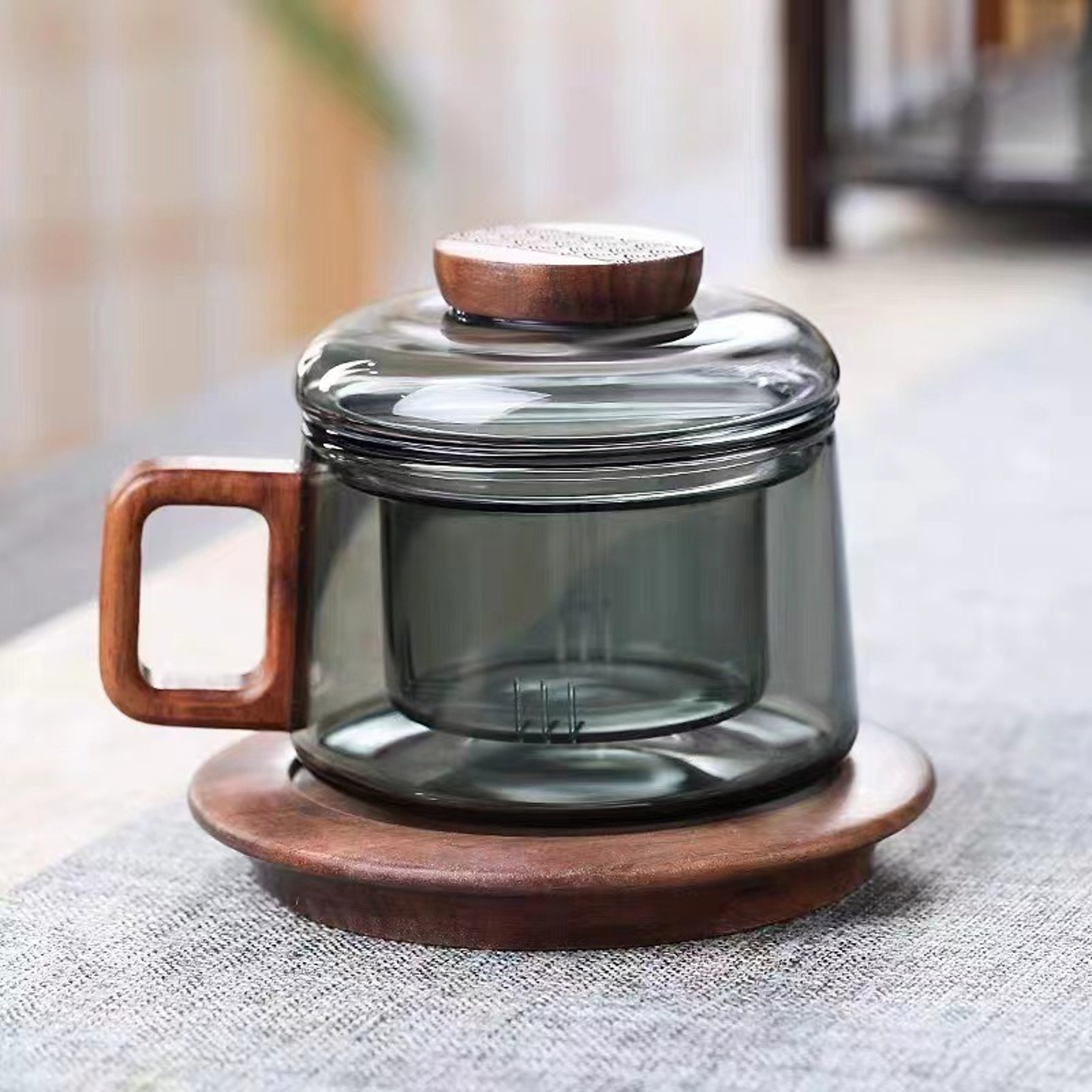 200ml Borosilicate Glass Tea Cup with Filter Wooden Handle and Lid – view 11