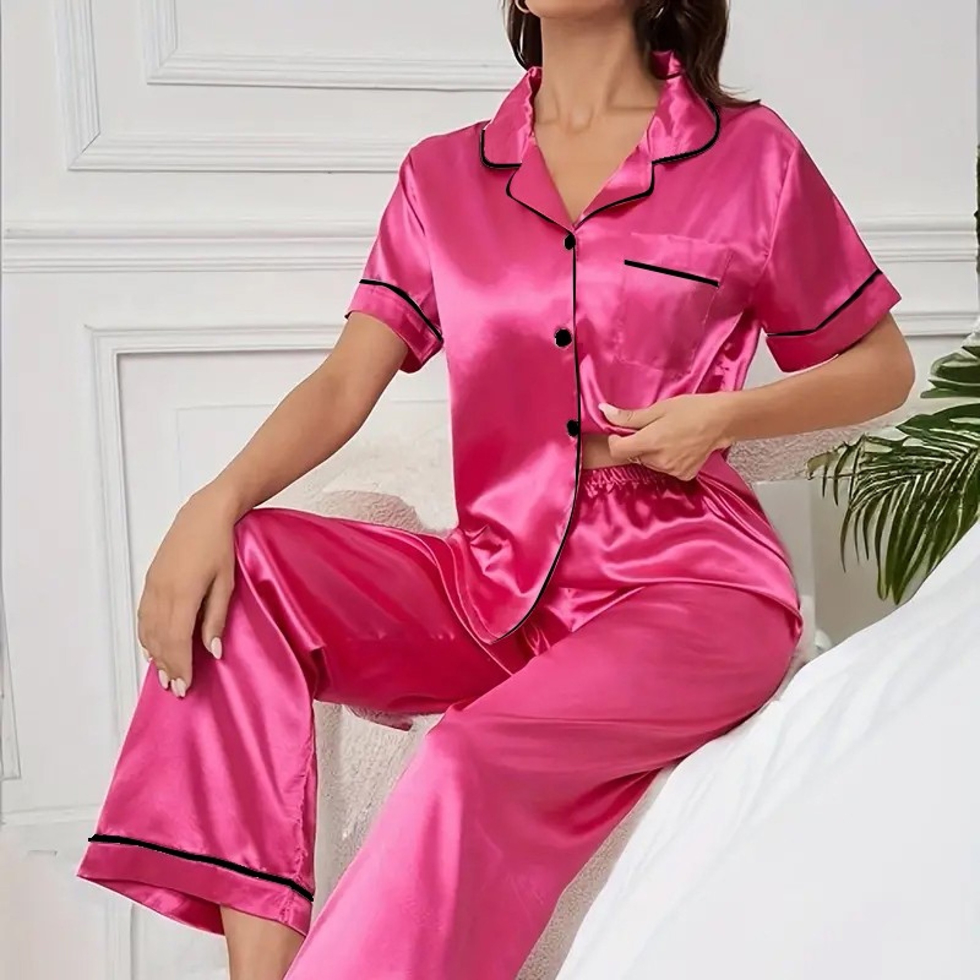 Womens Satin Pajama Set Short Sleeve Button Down Top And Full Length Pants 9