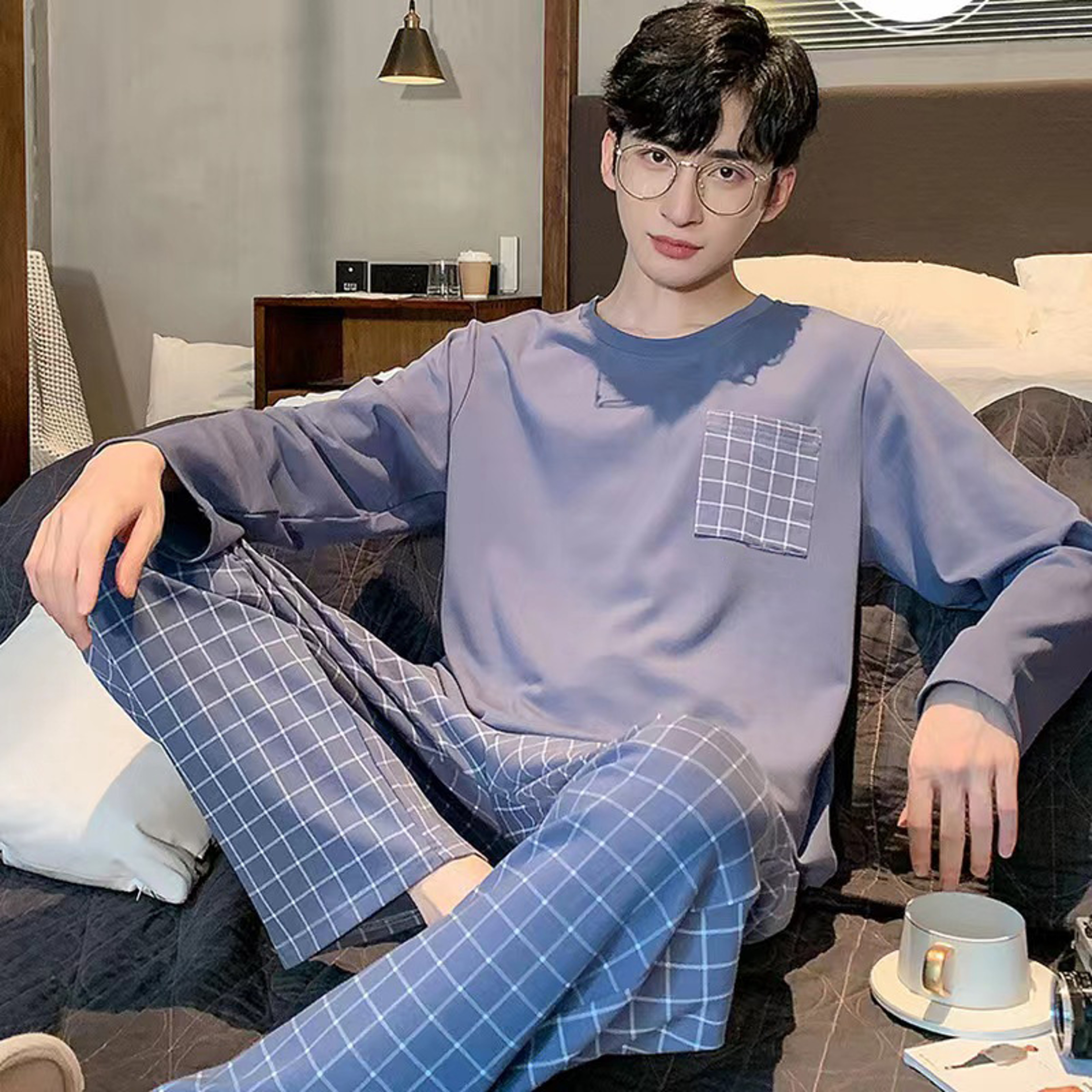 Men's Long Sleeve Pajama Set with Long Pants and O-Neck Design – view 4