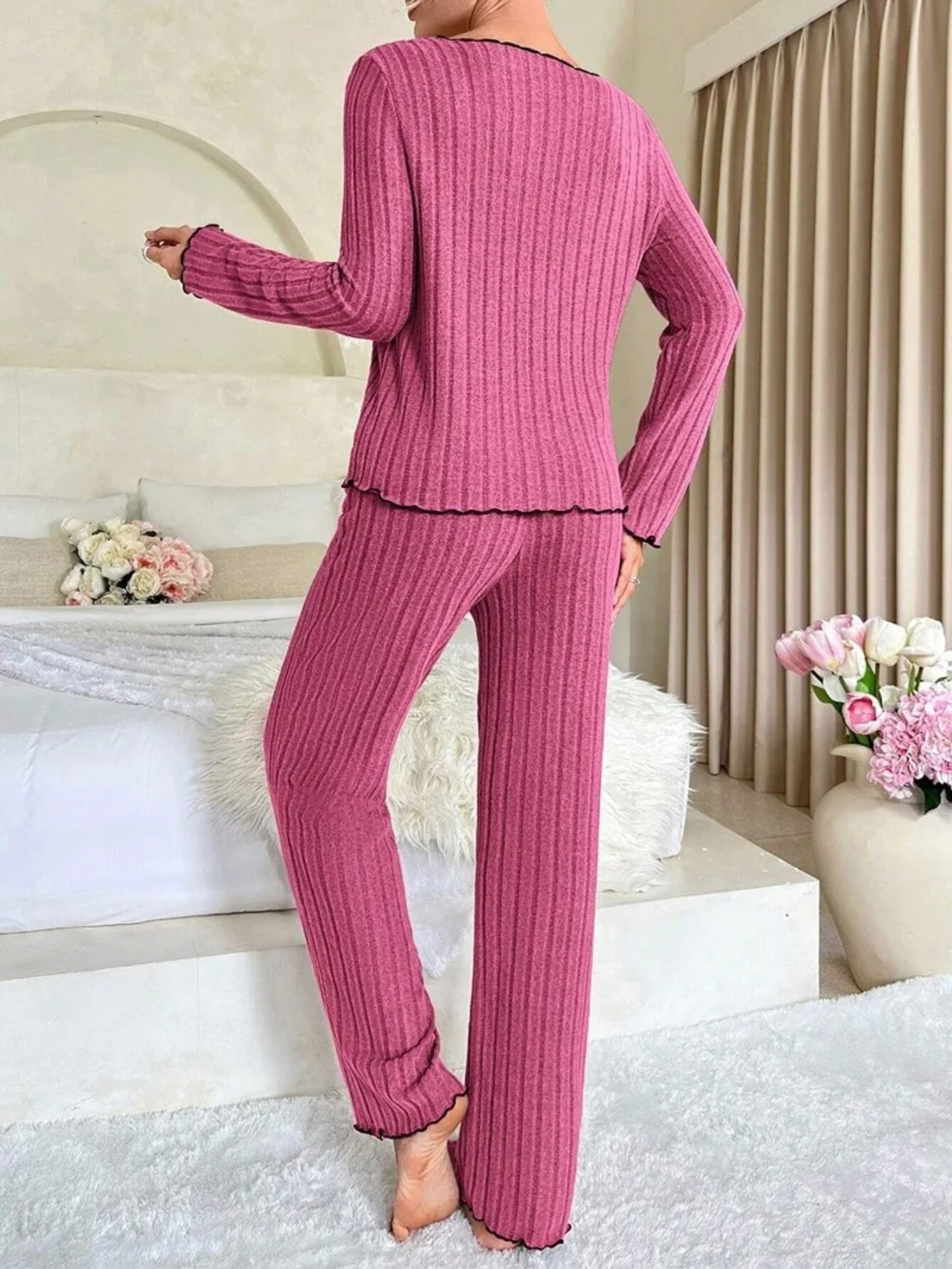 Womens Ribbed Pajama Set with V Neck Long Sleeve Top and Ankle Length Pants – view 2