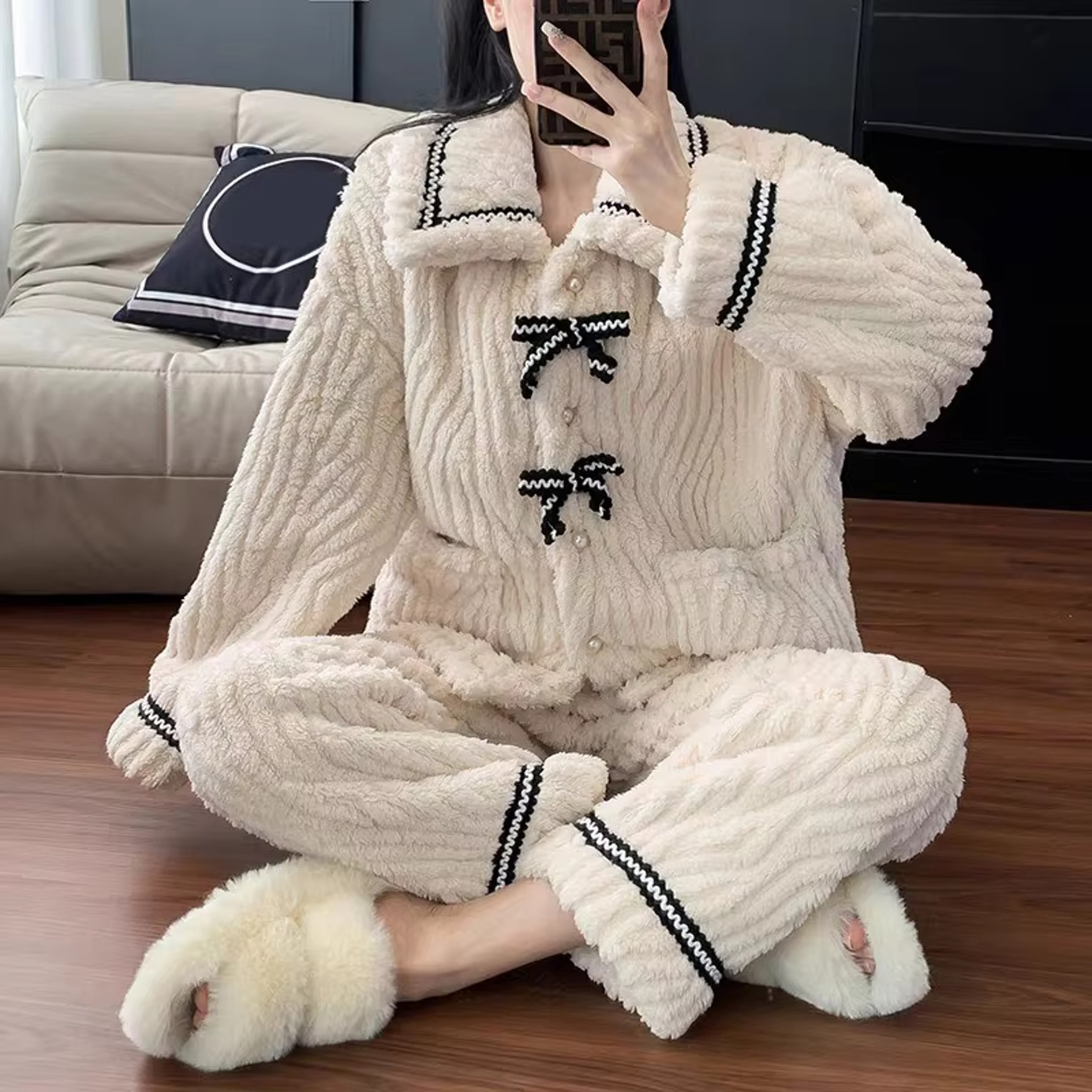 Womens 2 Piece Thick Winter Pajama Set with Turn-Down Collar and Full-Length Design – view 1