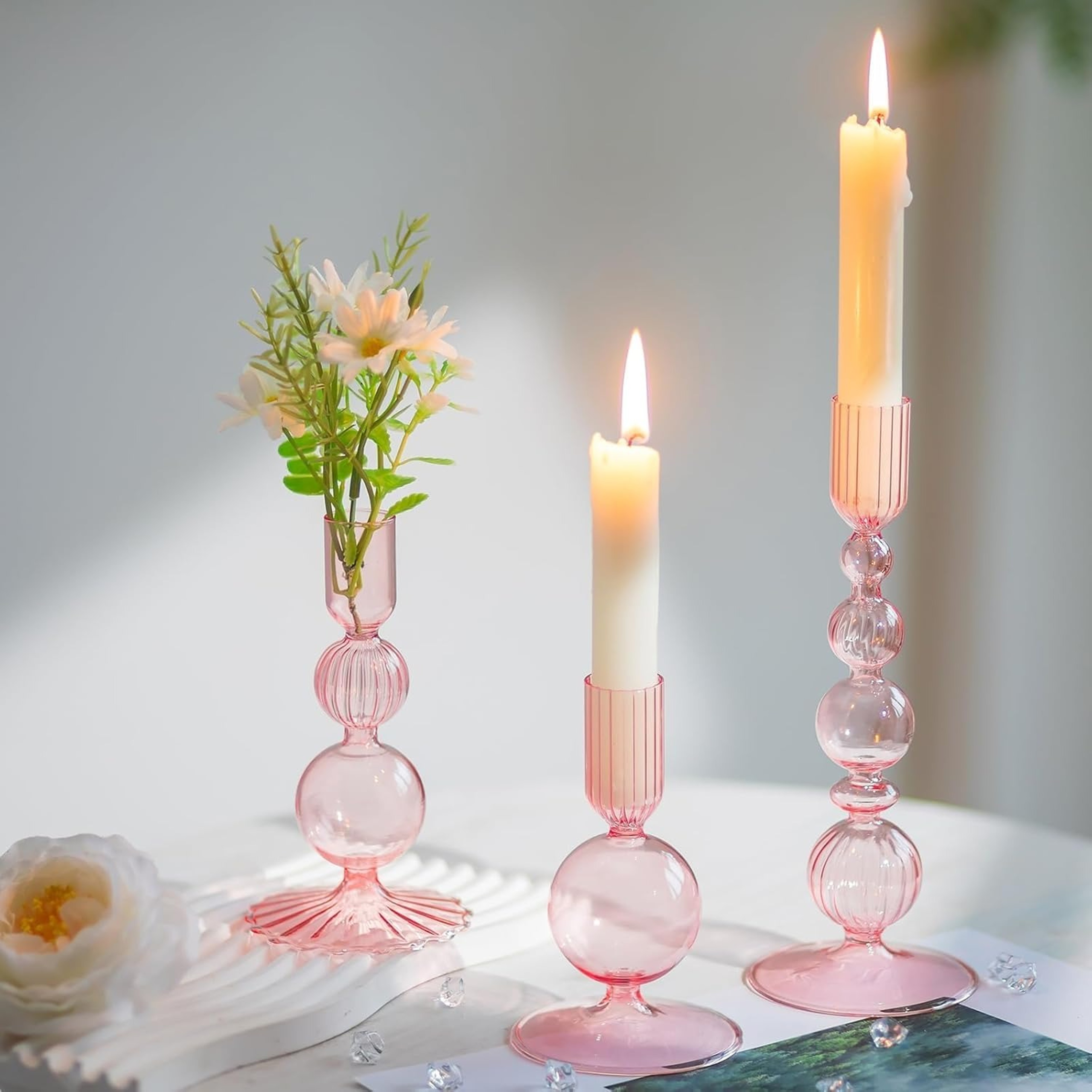 3 Piece Glass Taper Candle Holders Modern Wavy Candlestick Set 0