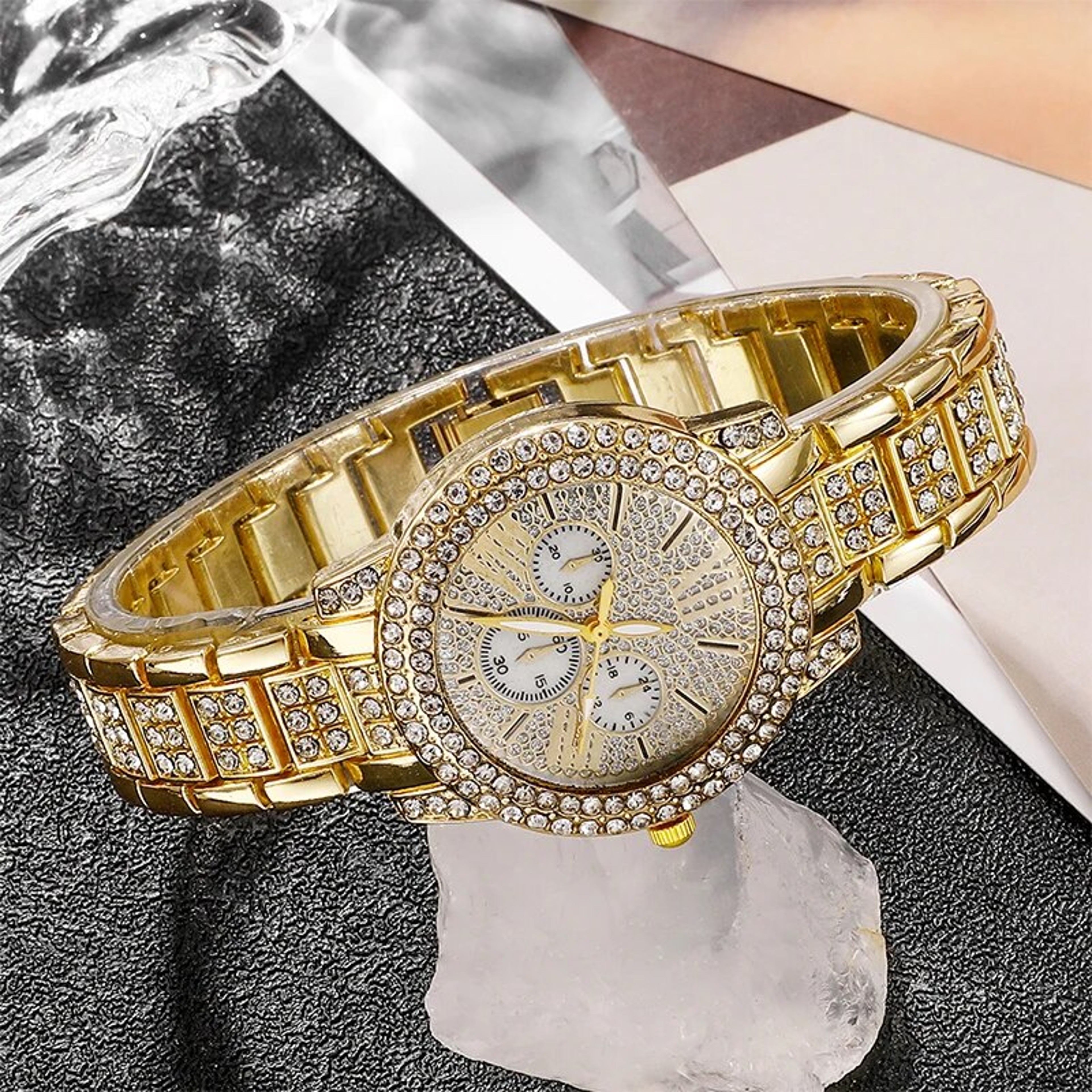 Womens Gold Tone Quartz Watch with Stainless Steel Band and Round Glass Dial – view 6