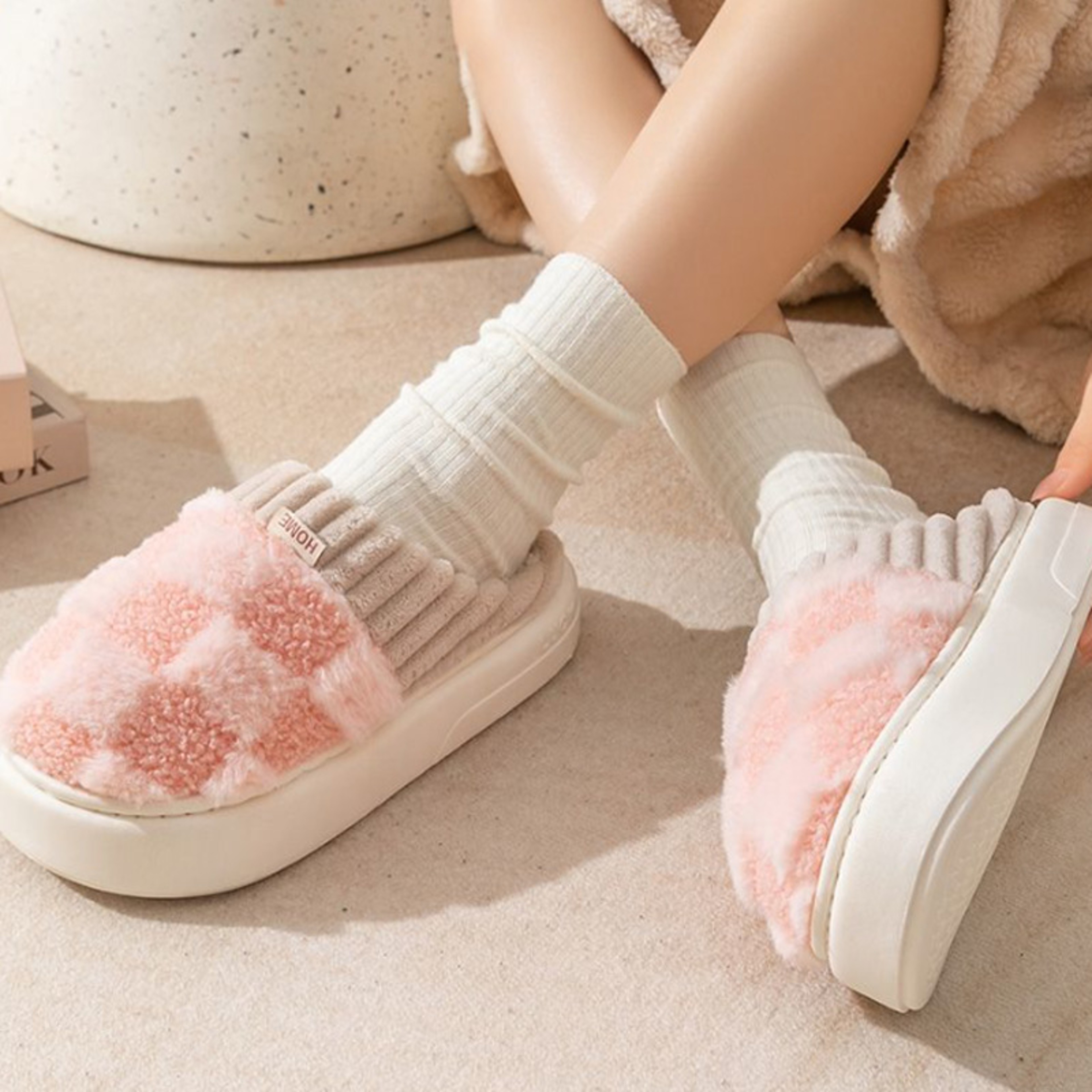 Women's Plaid Fluffy Winter Slippers with Plush Insole and Non-Slip PVC Sole – view 4