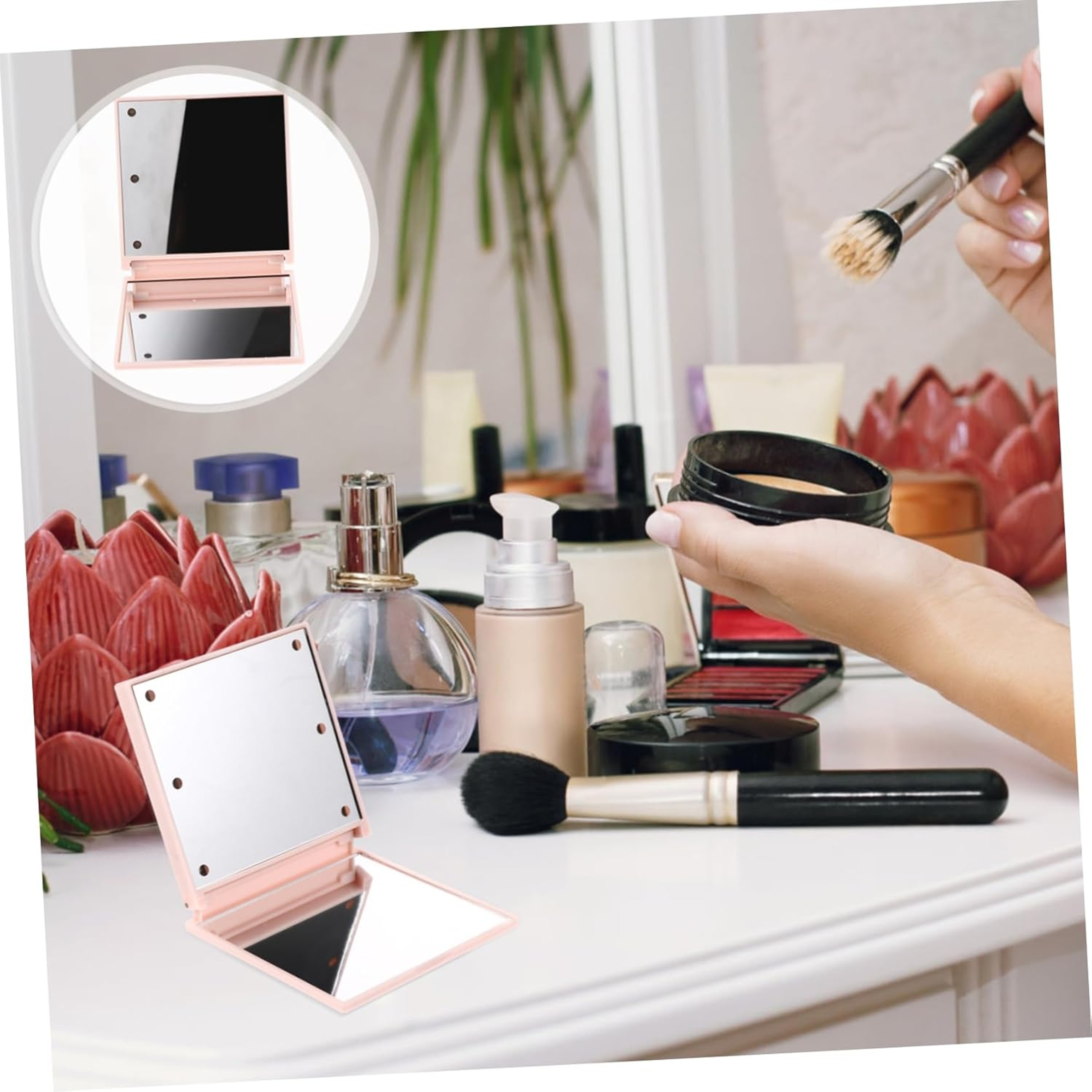Compact Travel Makeup Mirror With 6 LED Lights Foldable Self Standing Purse Mirror 6