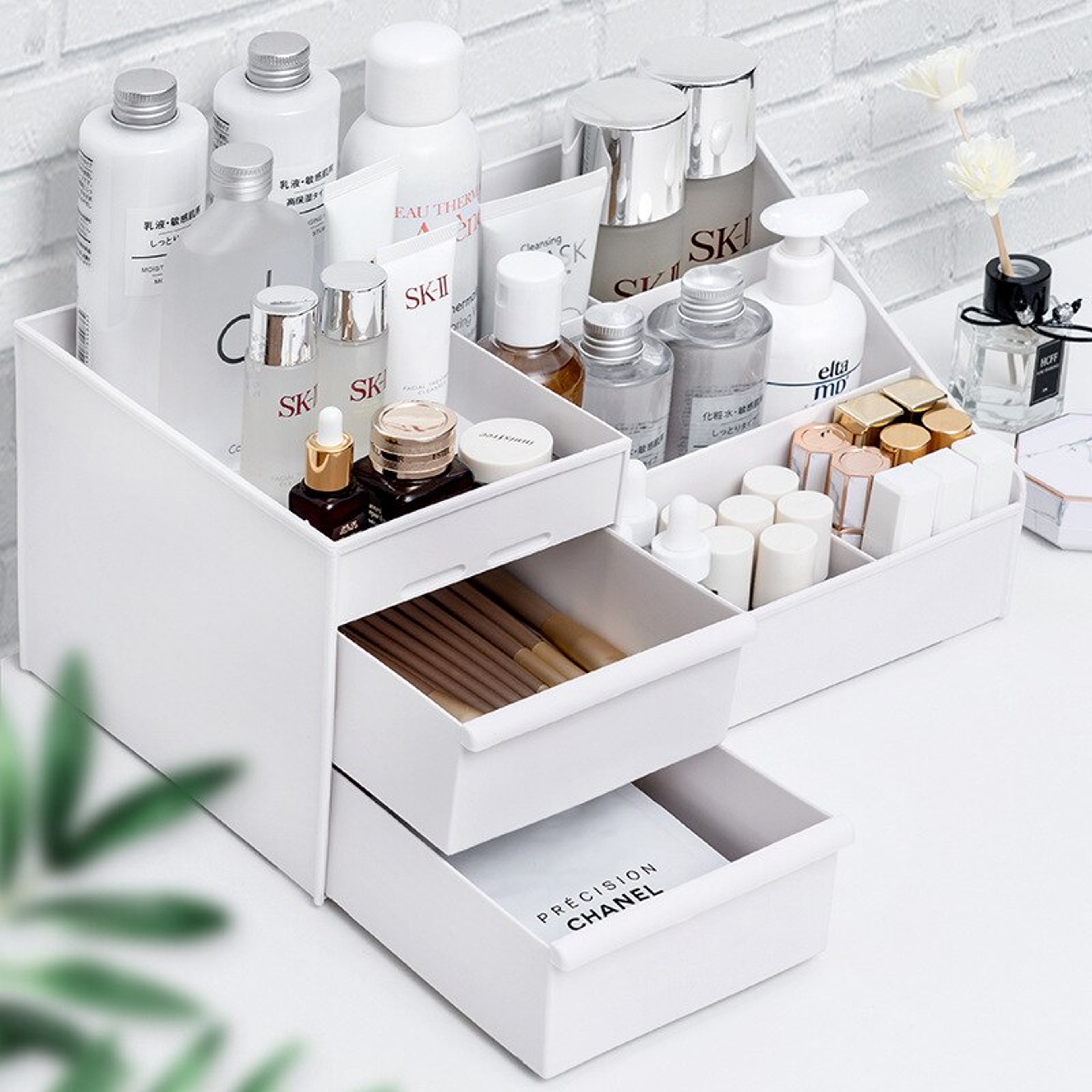 White Plastic Makeup Storage Box With 9 Compartments For Desktop Organization 4
