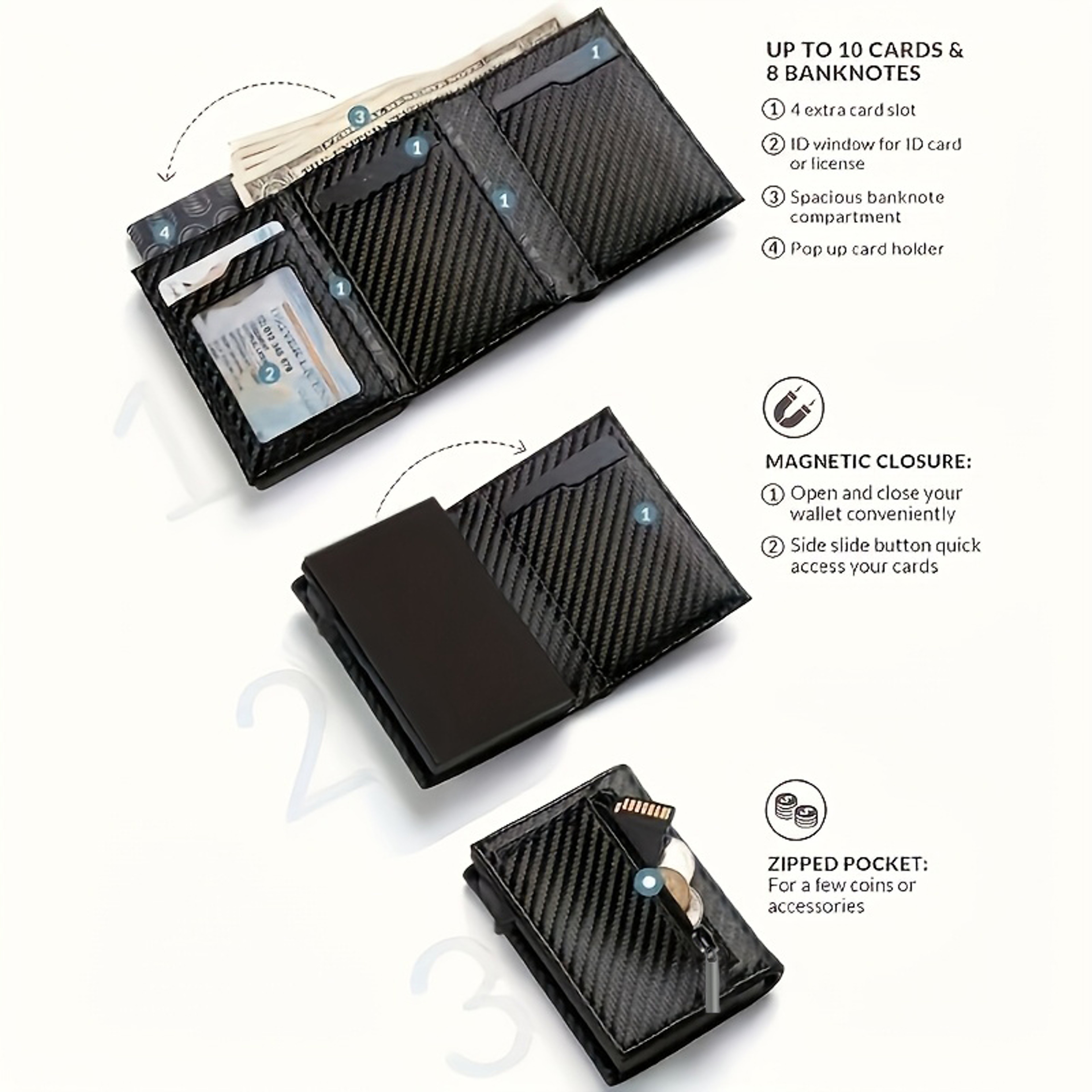 Men's RFID Blocking Wallet with Pop Up Card Holder and Zipper Coin Pocket – view 3
