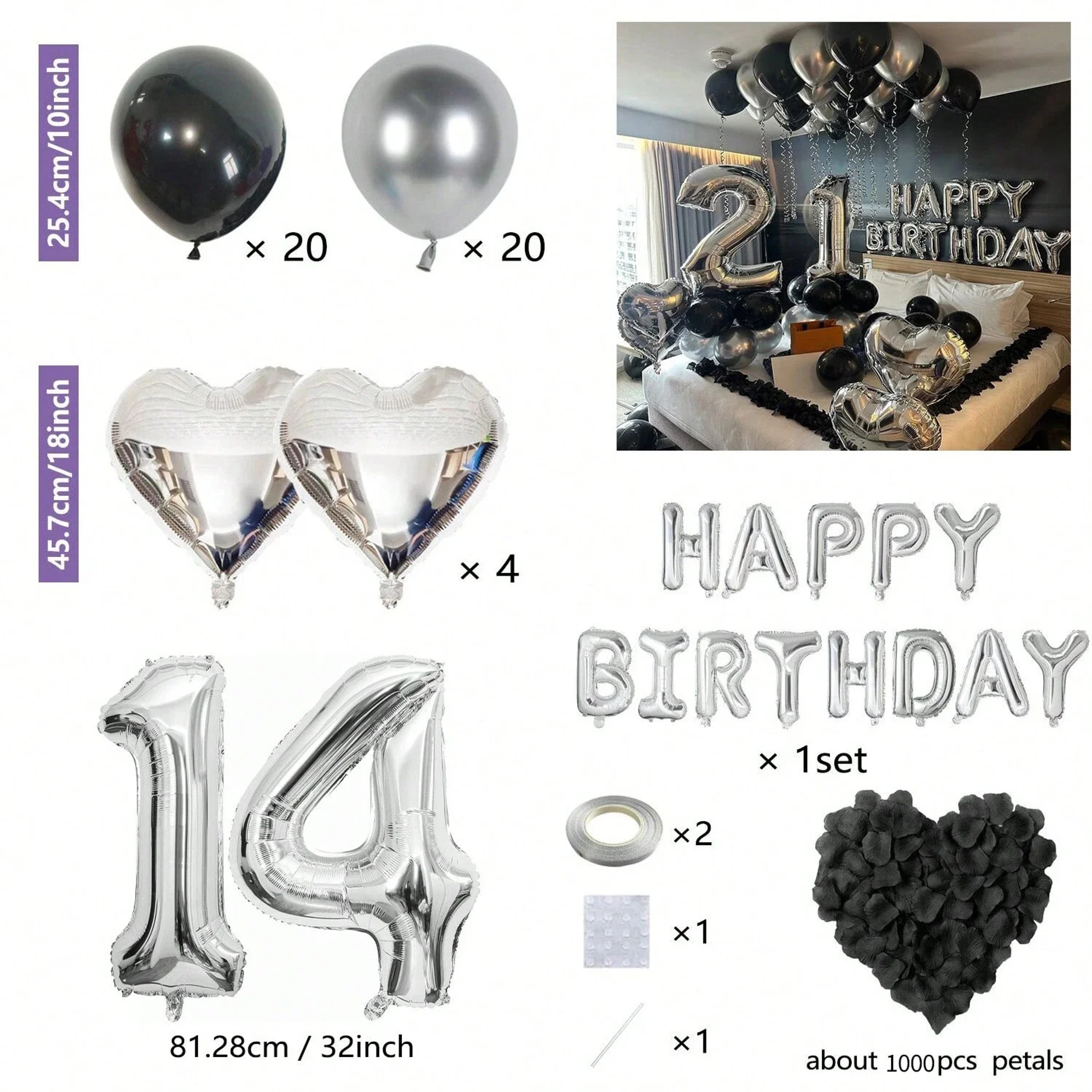 Black Silver Birthday Party Decoration Set With Letter Banner Heart Foil Balloon And Rose Petals 5