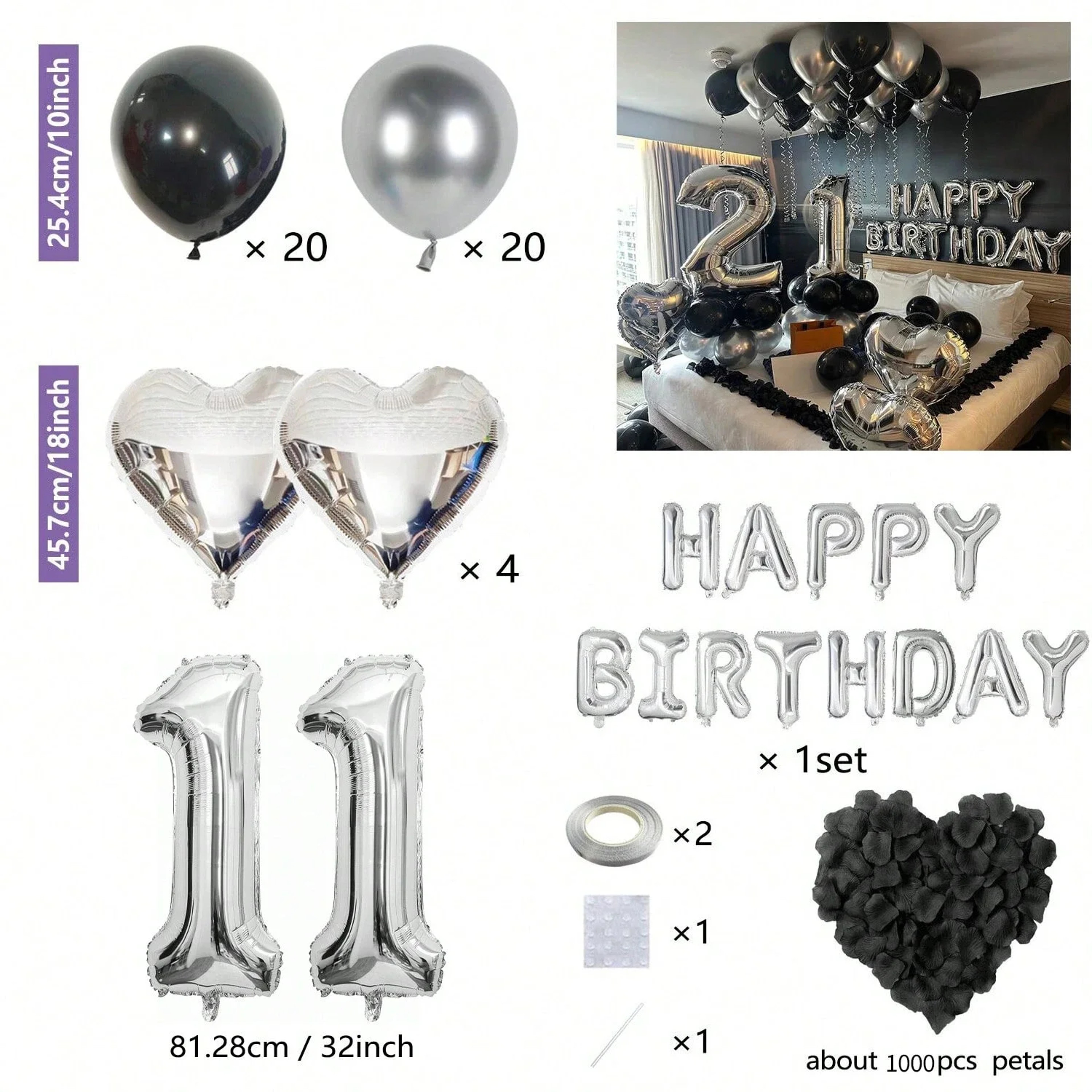 Black Silver Birthday Party Decoration Set With Letter Banner Heart Foil Balloon And Rose Petals 7