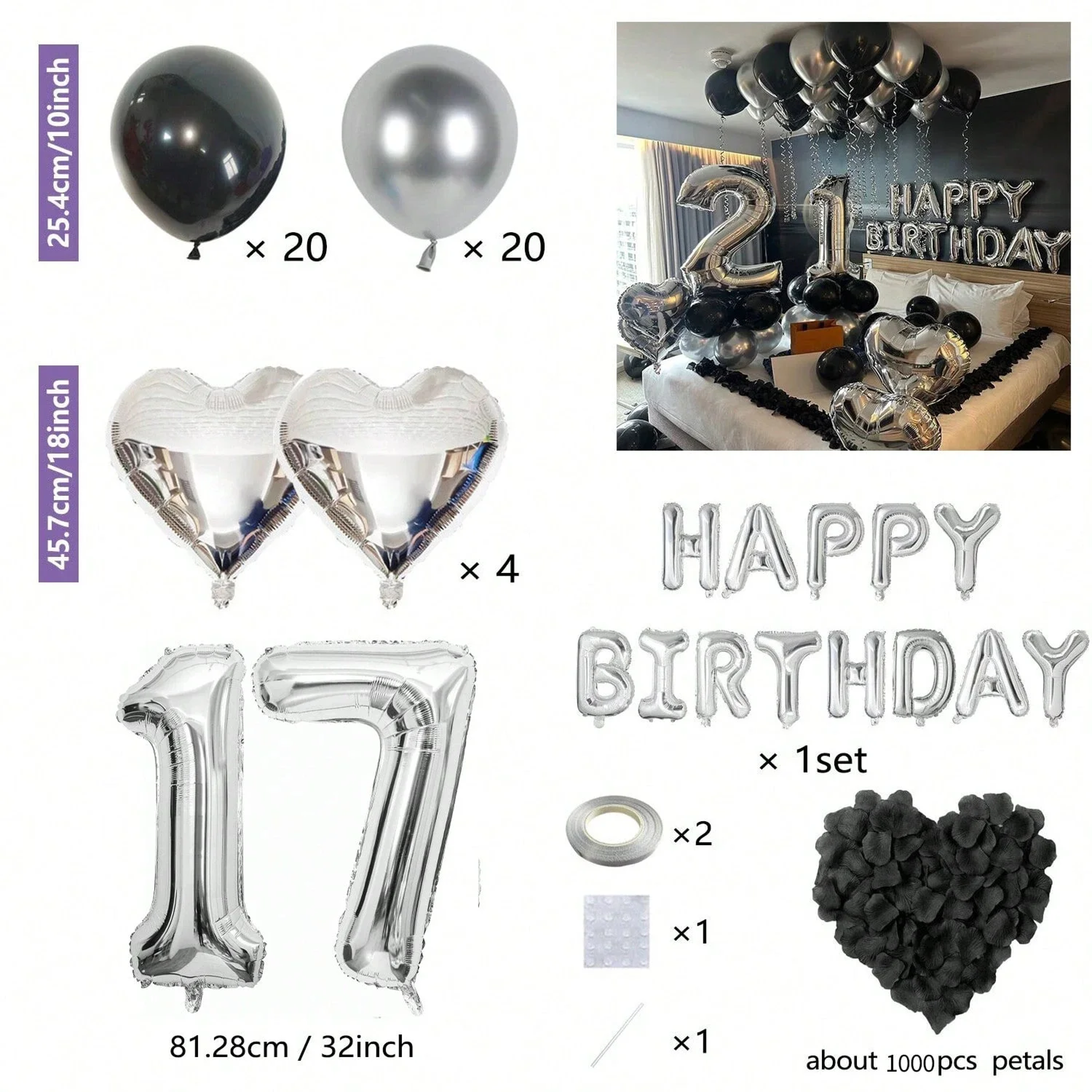 Black Silver Birthday Party Decoration Set With Letter Banner Heart Foil Balloon And Rose Petals 11