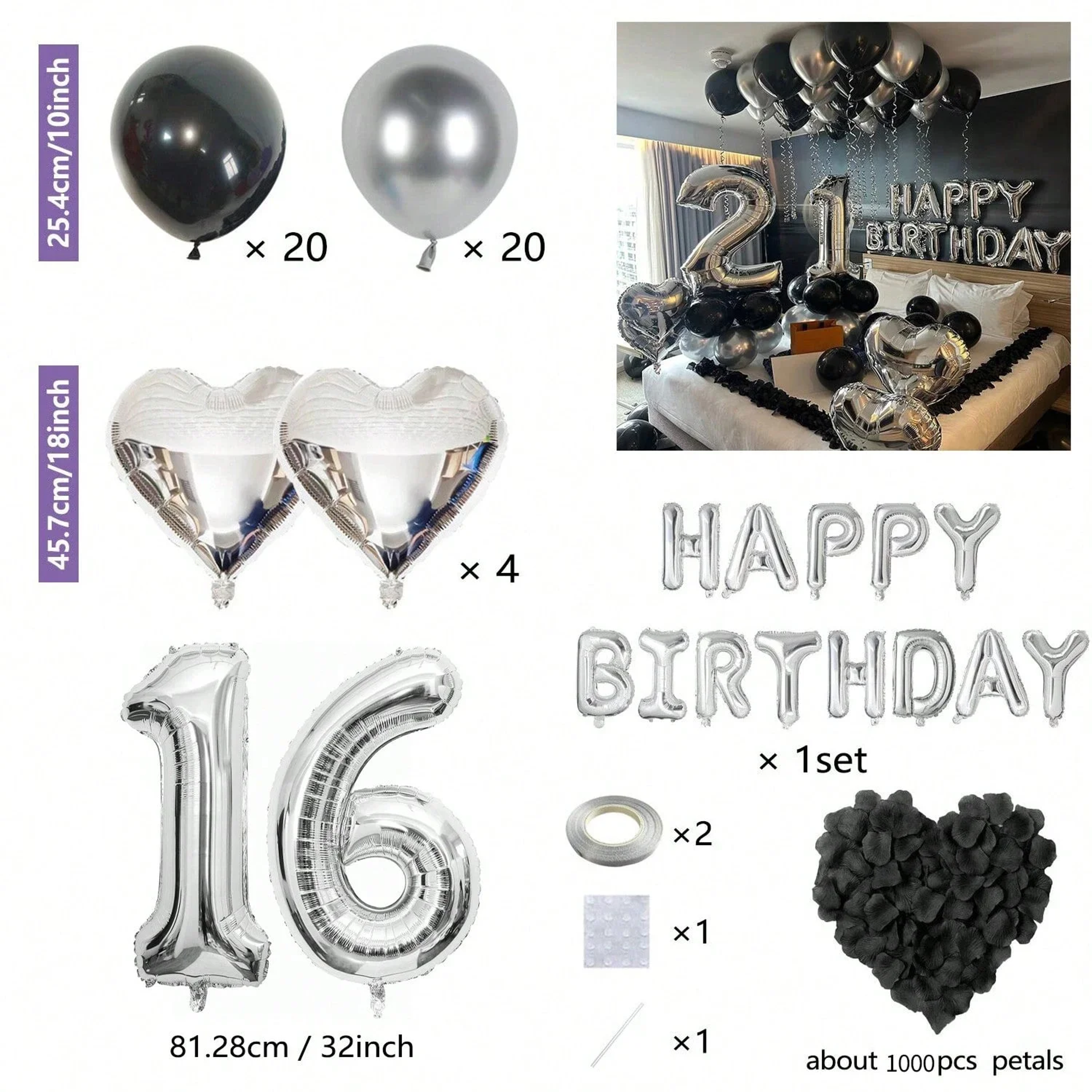 Black Silver Birthday Party Decoration Set With Letter Banner Heart Foil Balloon And Rose Petals 12