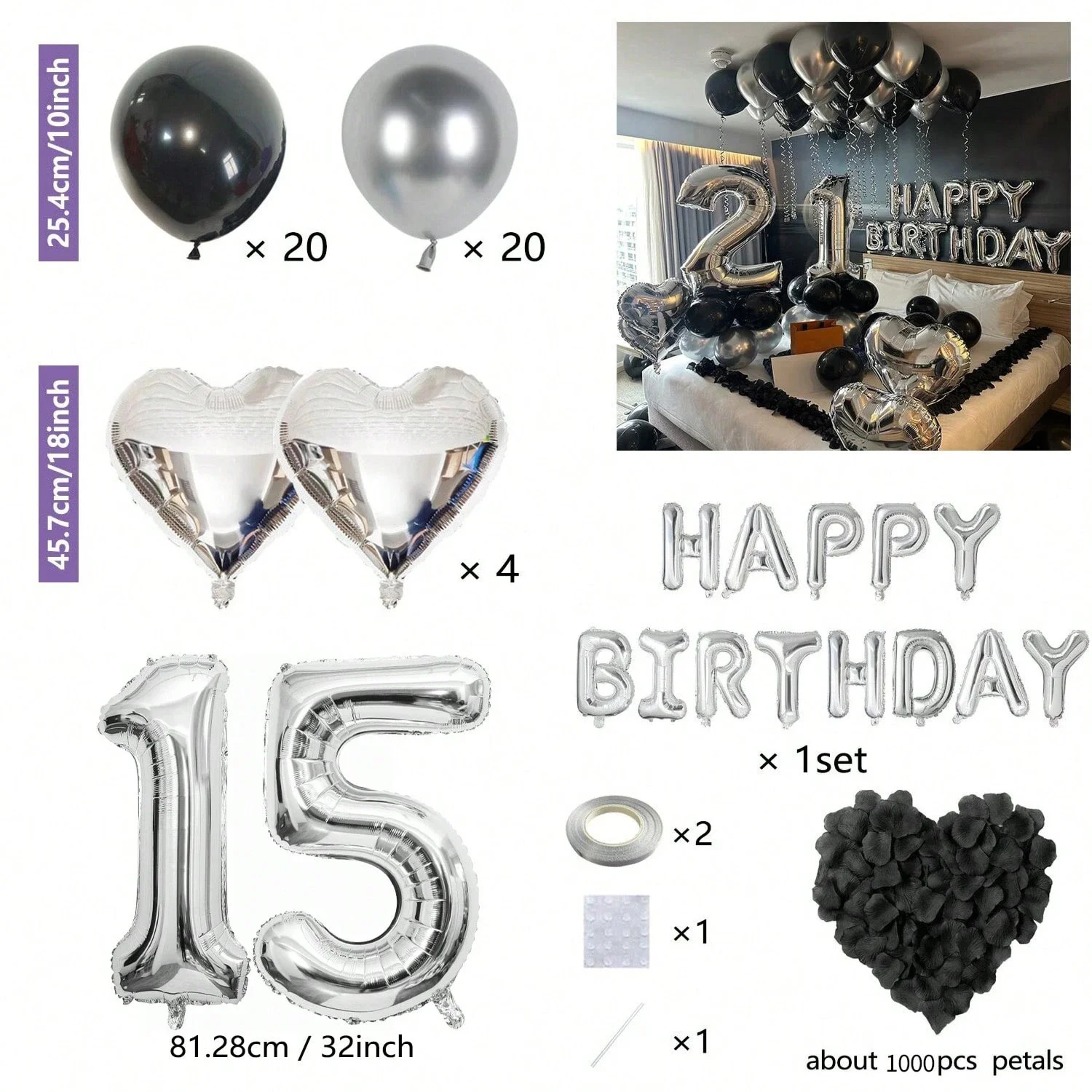 Black Silver Birthday Party Decoration Set With Letter Banner Heart Foil Balloon And Rose Petals 13