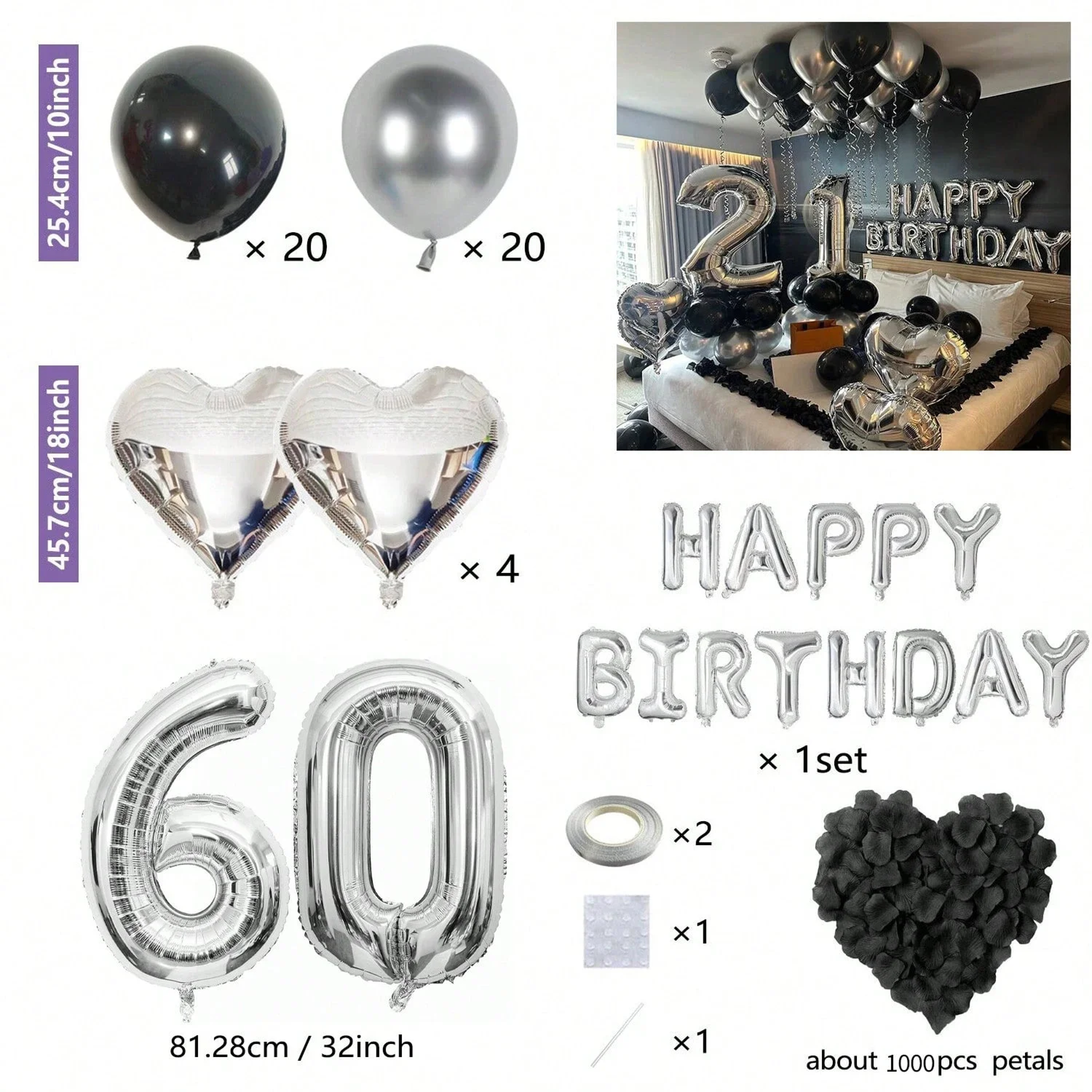 Black Silver Birthday Party Decoration Set With Letter Banner Heart Foil Balloon And Rose Petals 18
