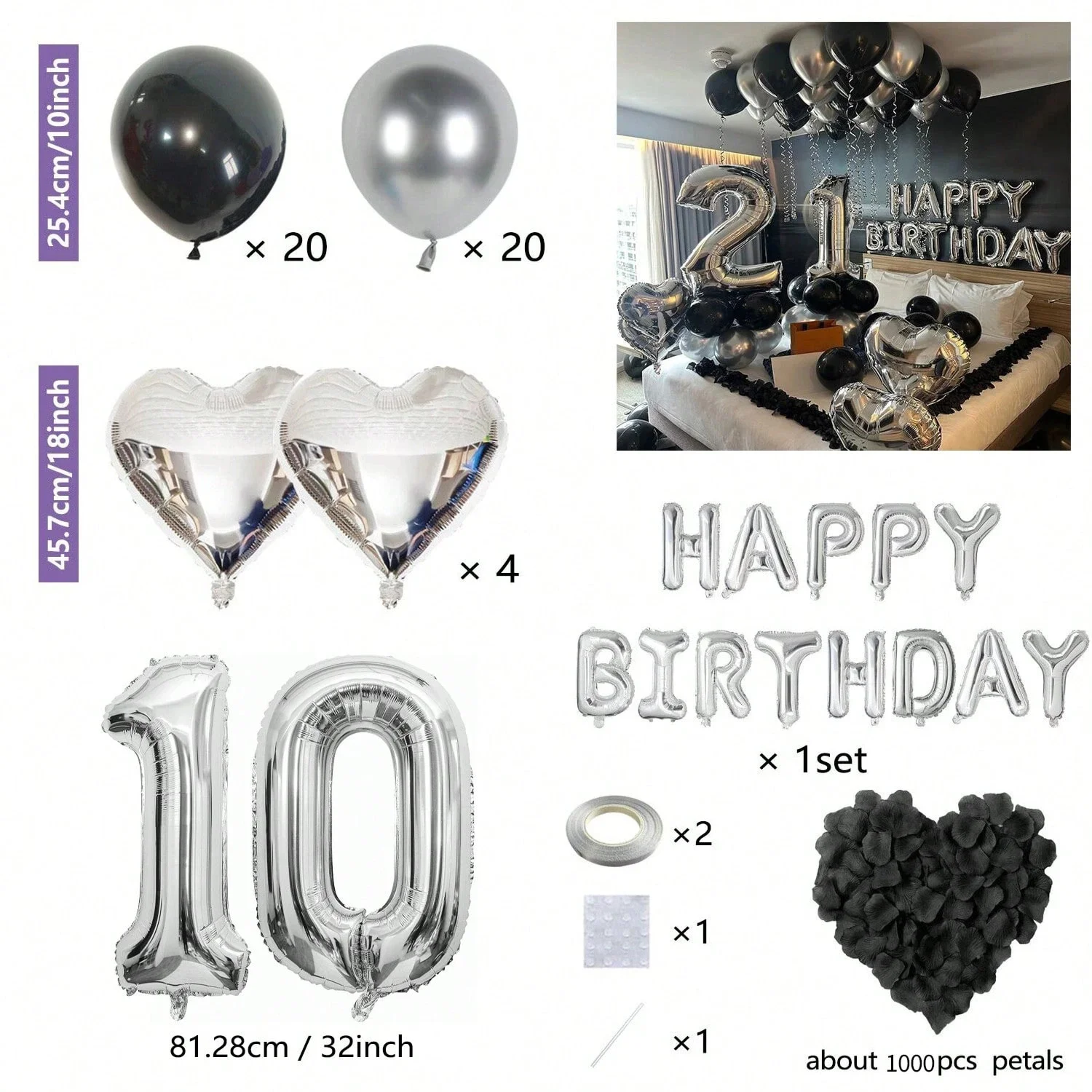 Black Silver Birthday Party Decoration Set With Letter Banner Heart Foil Balloon And Rose Petals 17