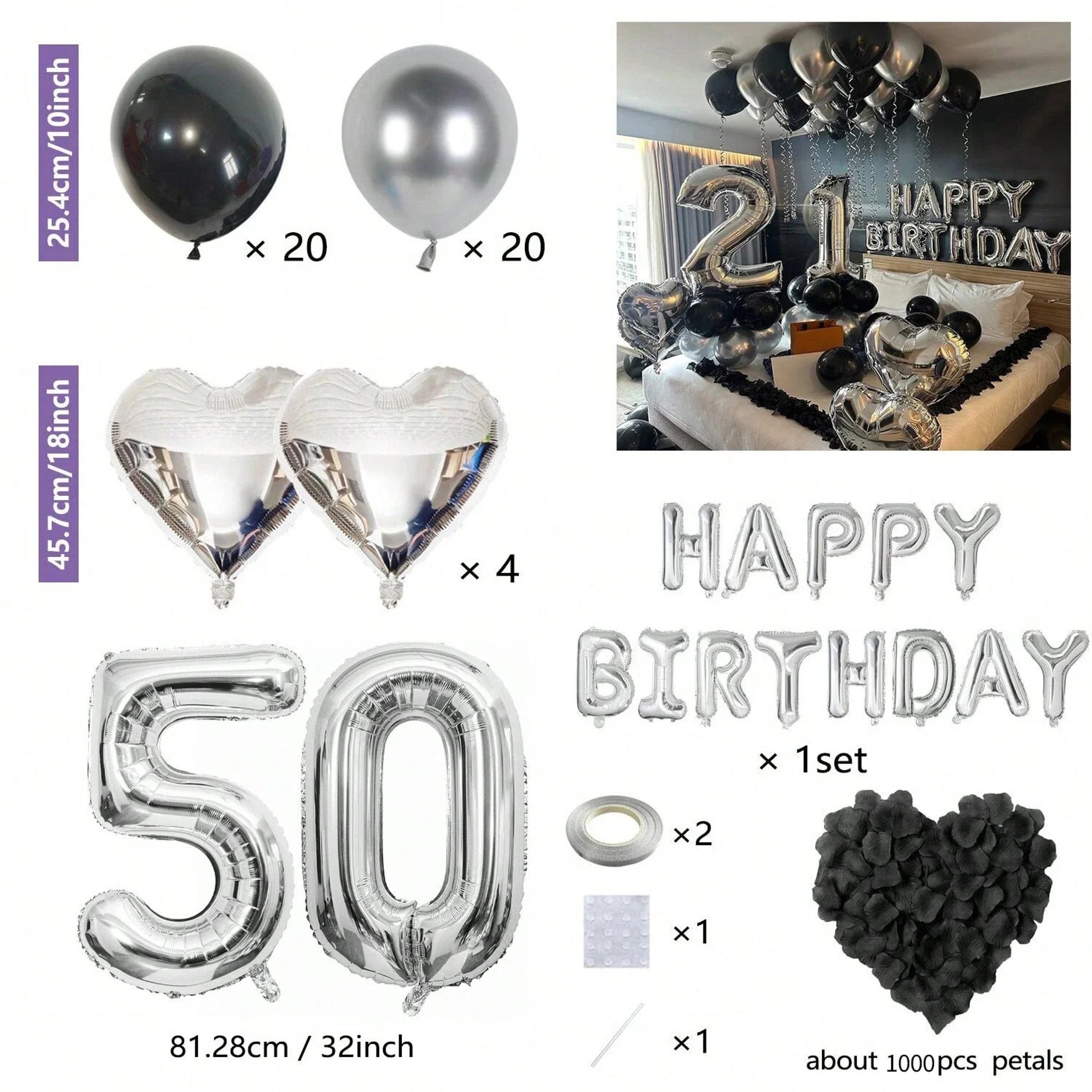 Black Silver Birthday Party Decoration Set With Letter Banner Heart Foil Balloon And Rose Petals 20