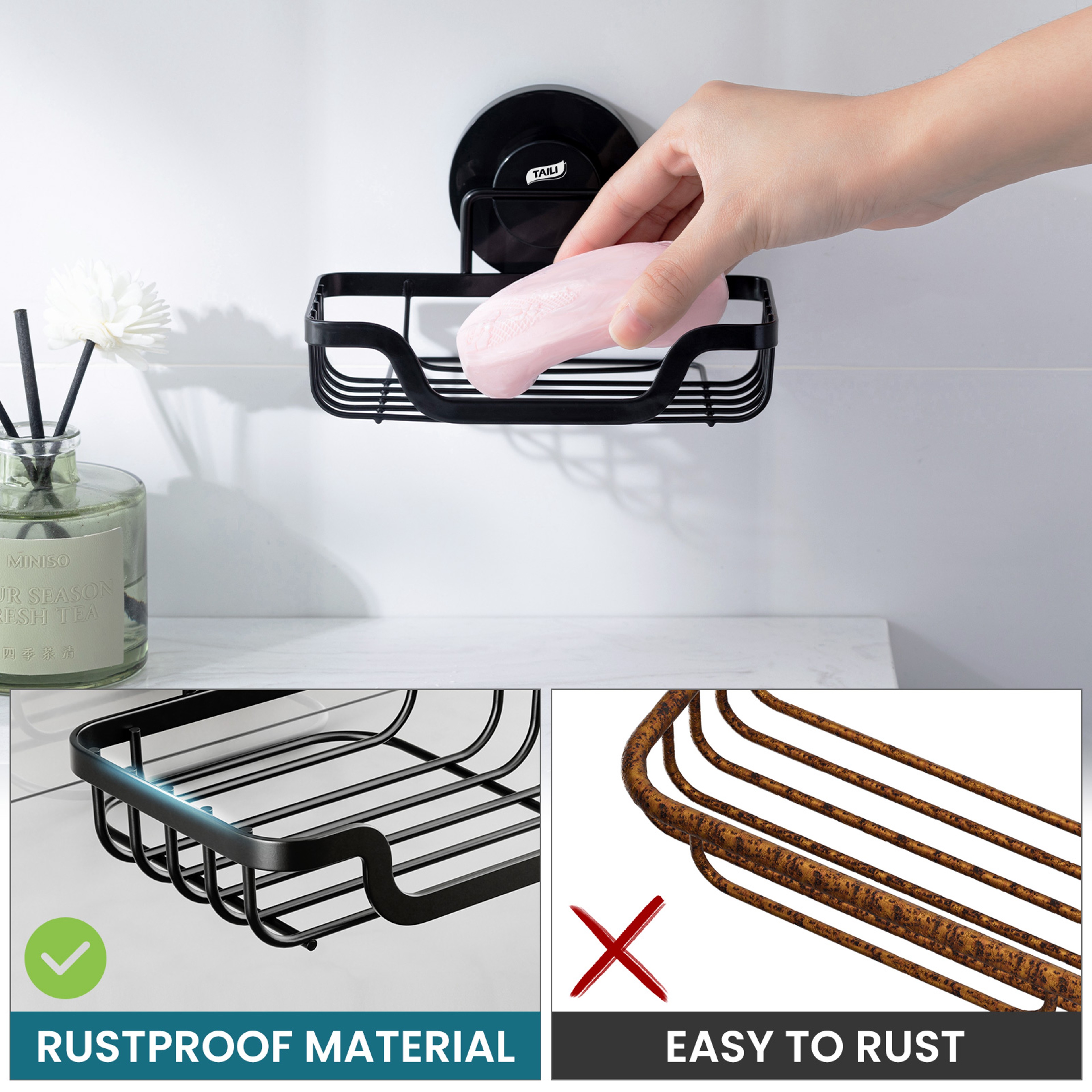 Suction Cup Soap Holder With Self Draining Metal Tray For Shower Bathroom And Kitchen 5