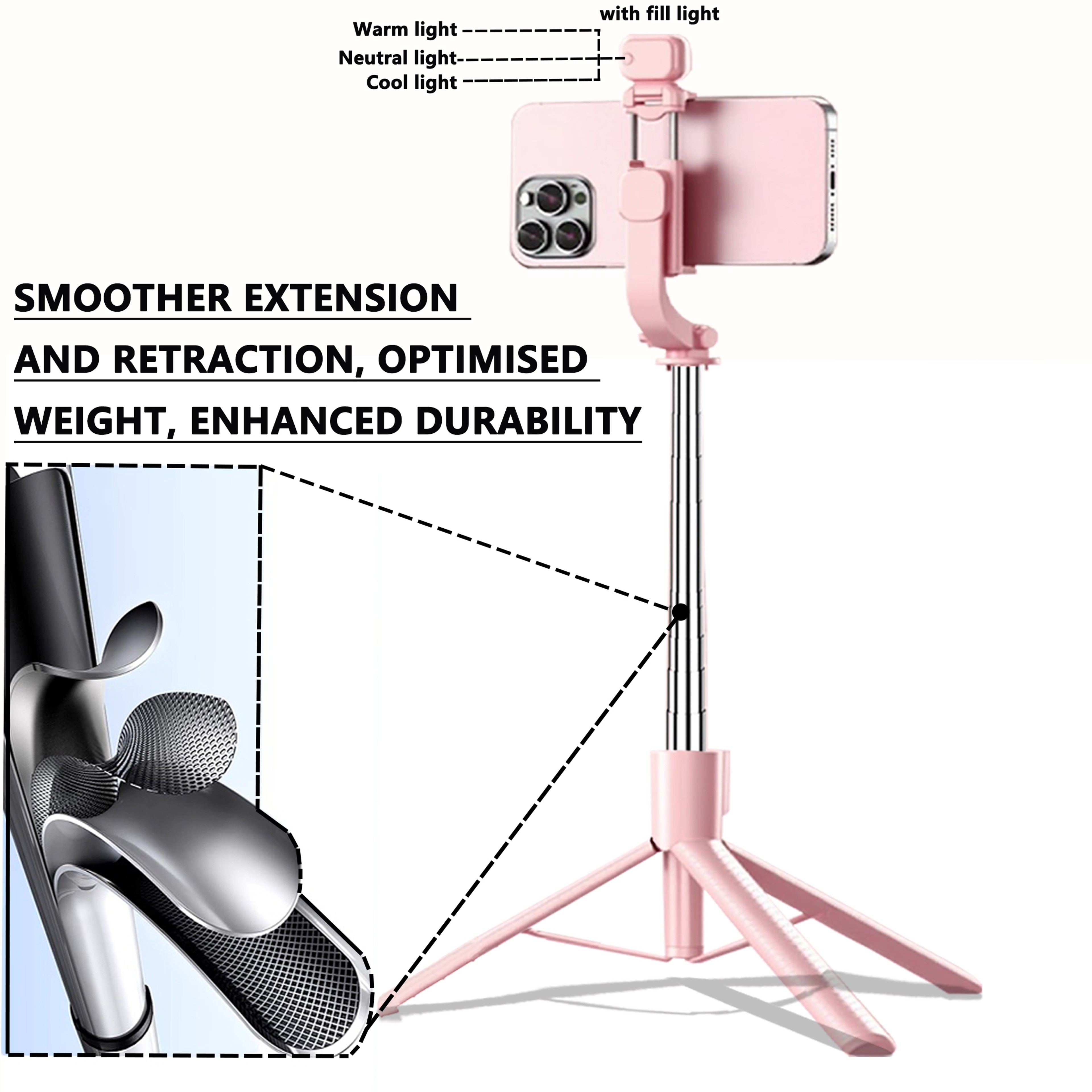 Extendable Aluminum Selfie Stick Tripod with Fill Light and Bluetooth Remote, – view 3