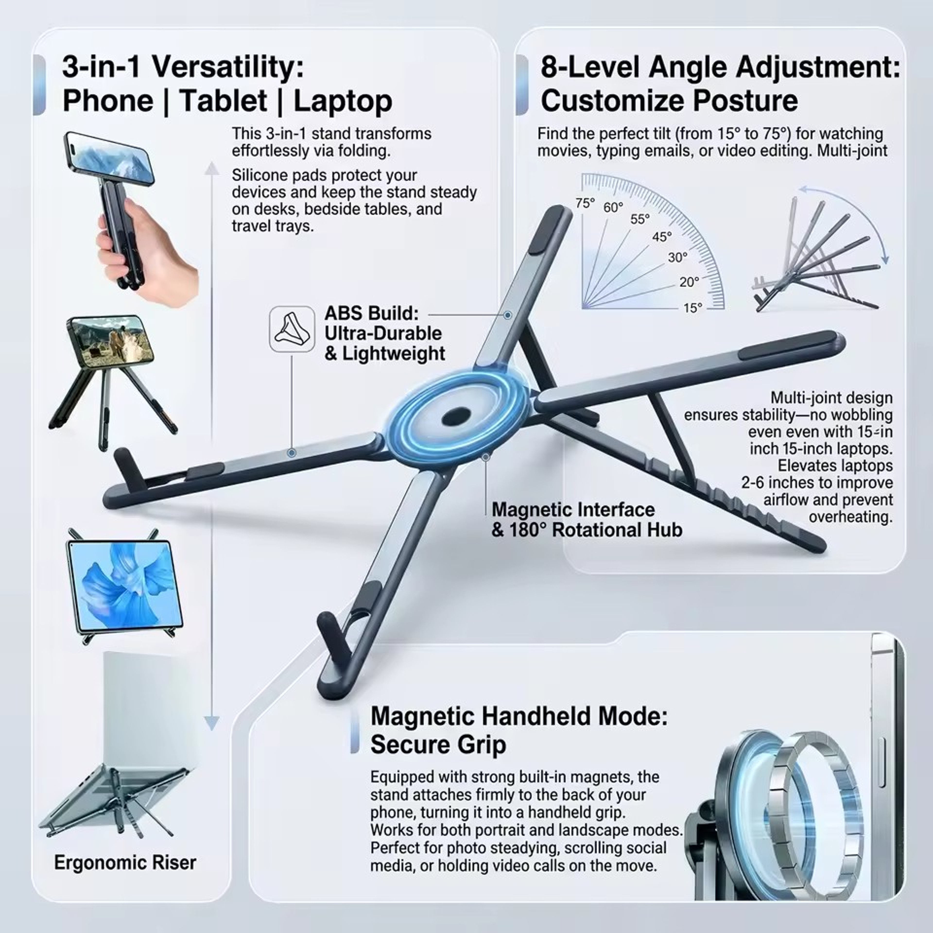 Portable Magnetic Phone Holder 3in1 Foldable Selfie Stick Tripod Stand 1