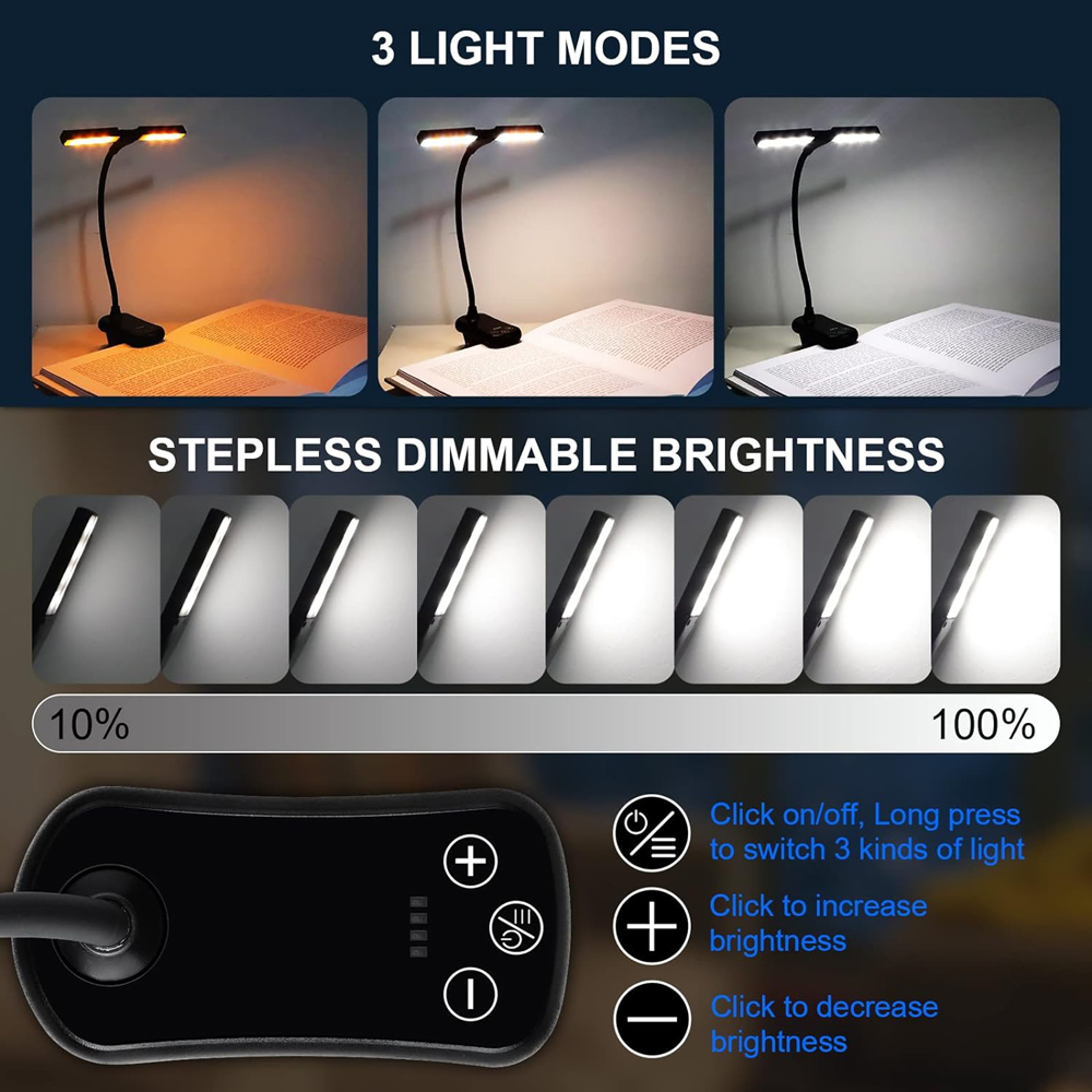 Dual Head Clip On Reading Light With 14 LEDs 3 Colors 8 Brightness Levels USB Rechargeable 4