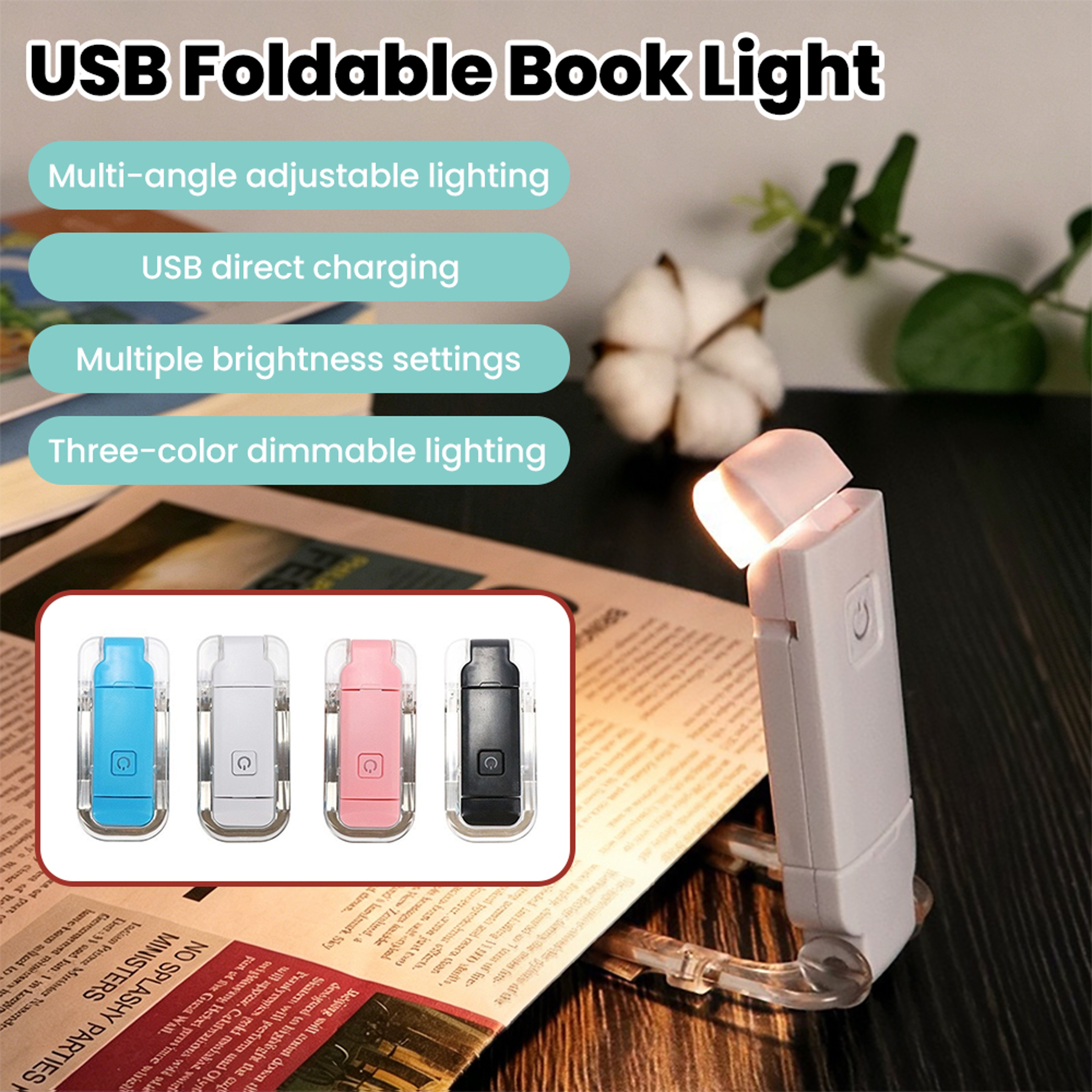 Portable Rechargeable LED Clip On Book Light With 3 Color Dimmable Lighting 1