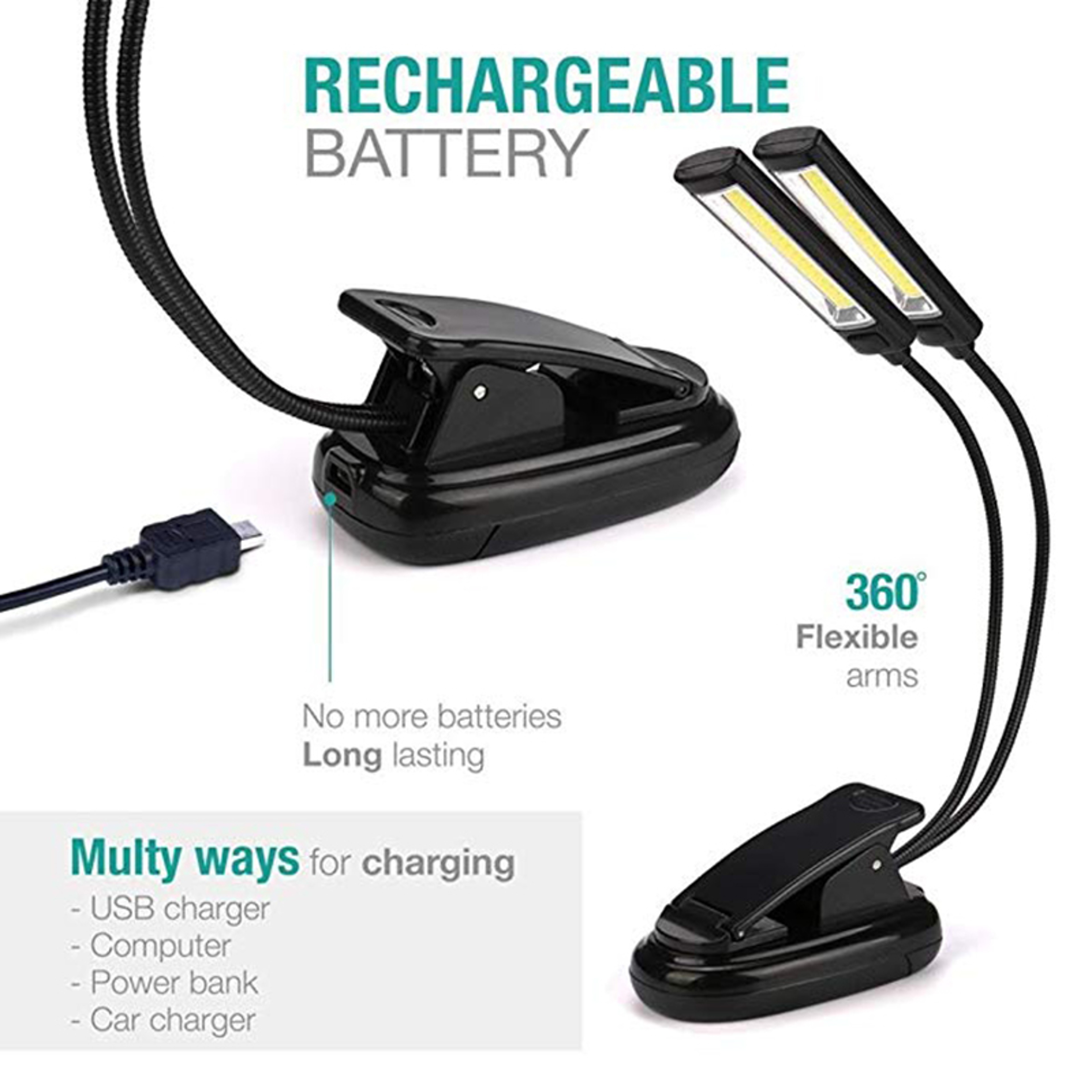 USB Rechargeable ClipOn LED Book Light With Music Stand Function 2