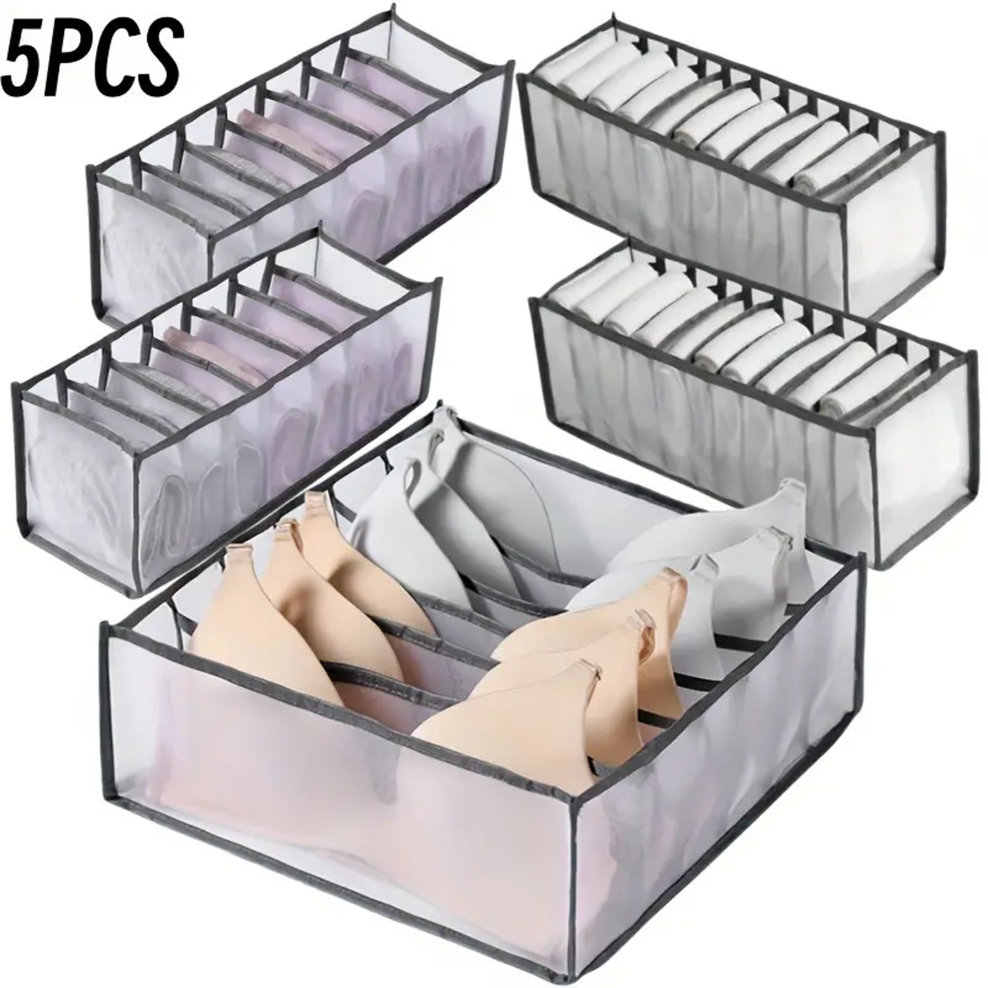 5 Pack Foldable Nylon Drawer Organizer Boxes for Socks and Underwear – view 1