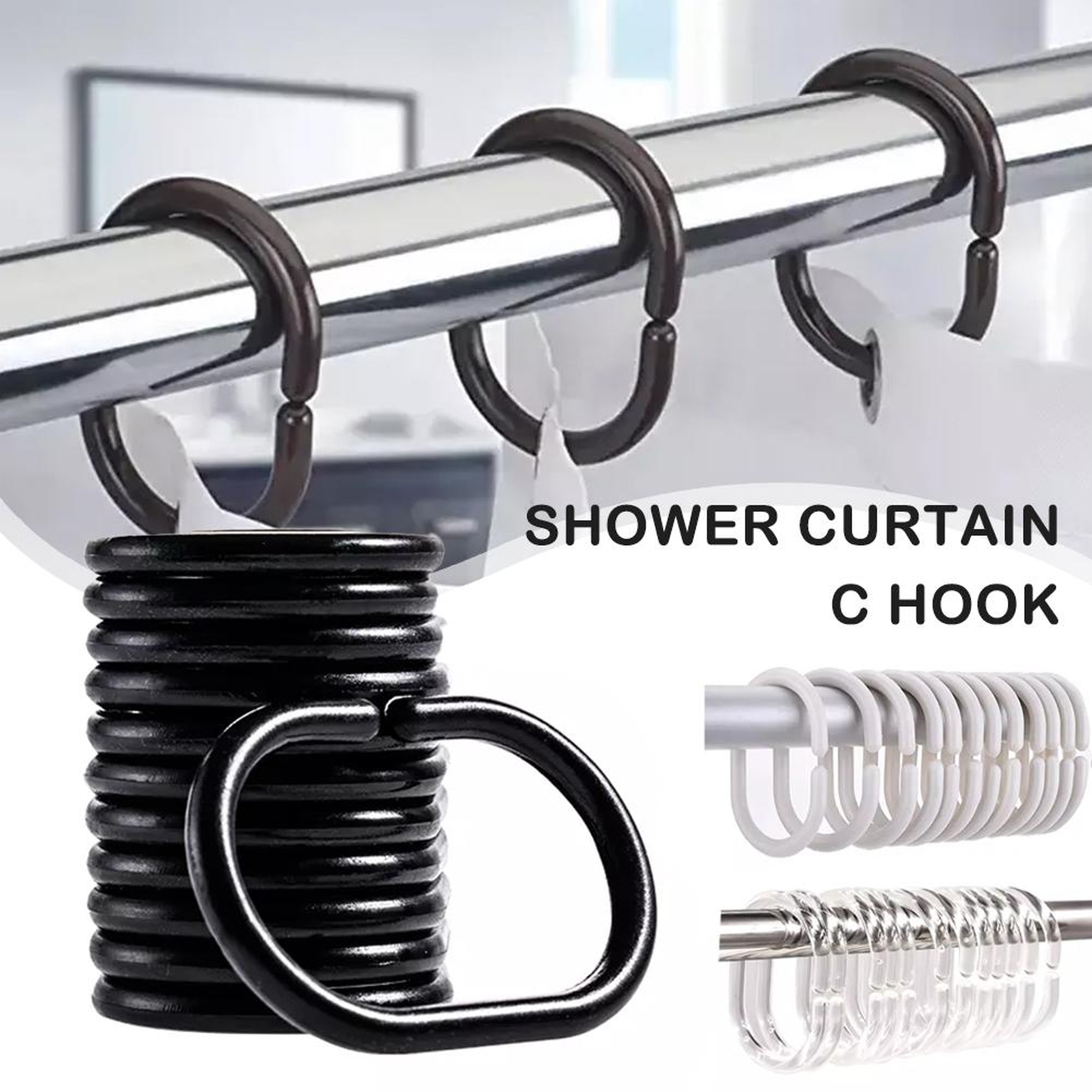 12 Piece Plastic C Type Shower Curtain Hooks Smooth Glide Replacement Set 1
