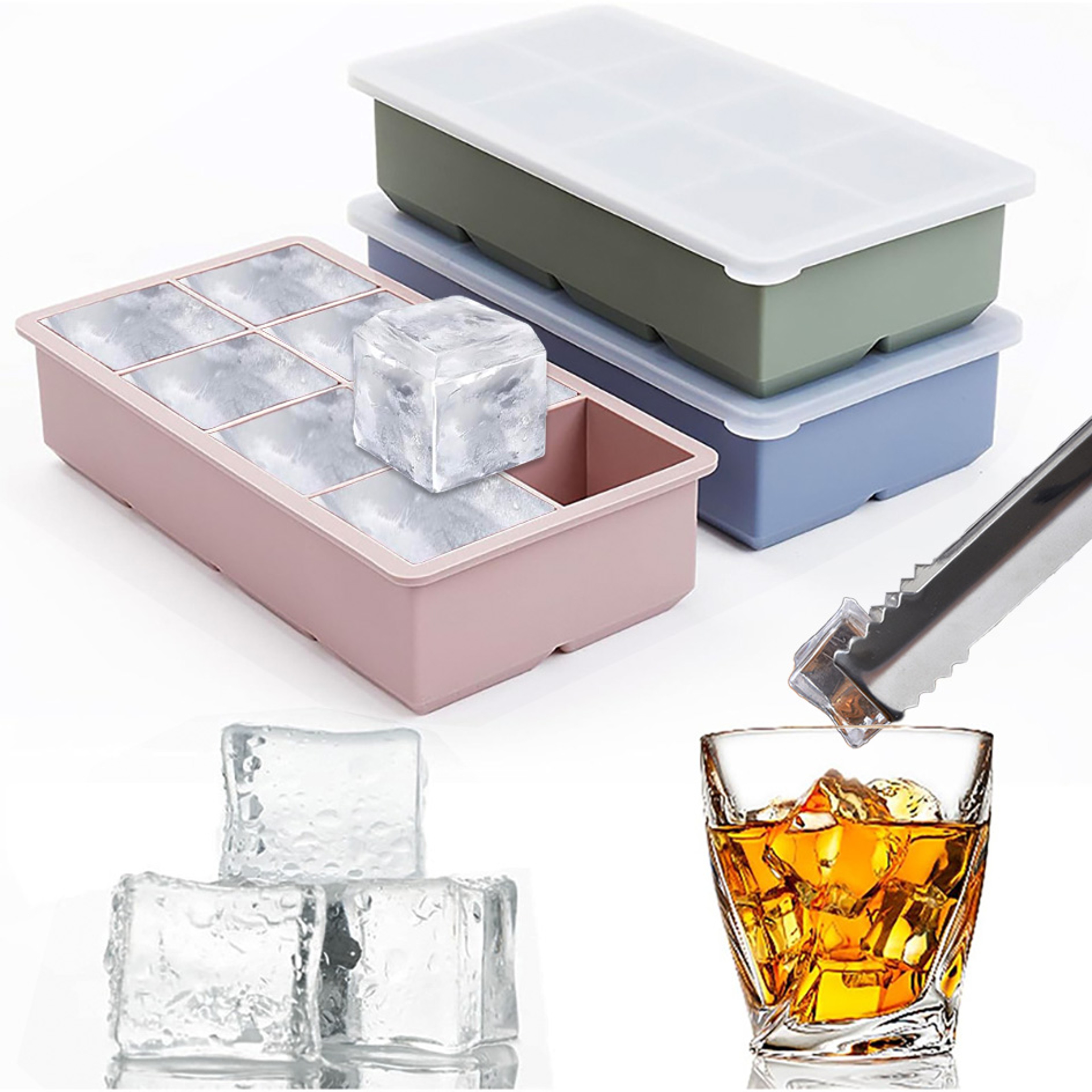 8 Grid Large Square Silicone Ice Cube Tray With Lid 0