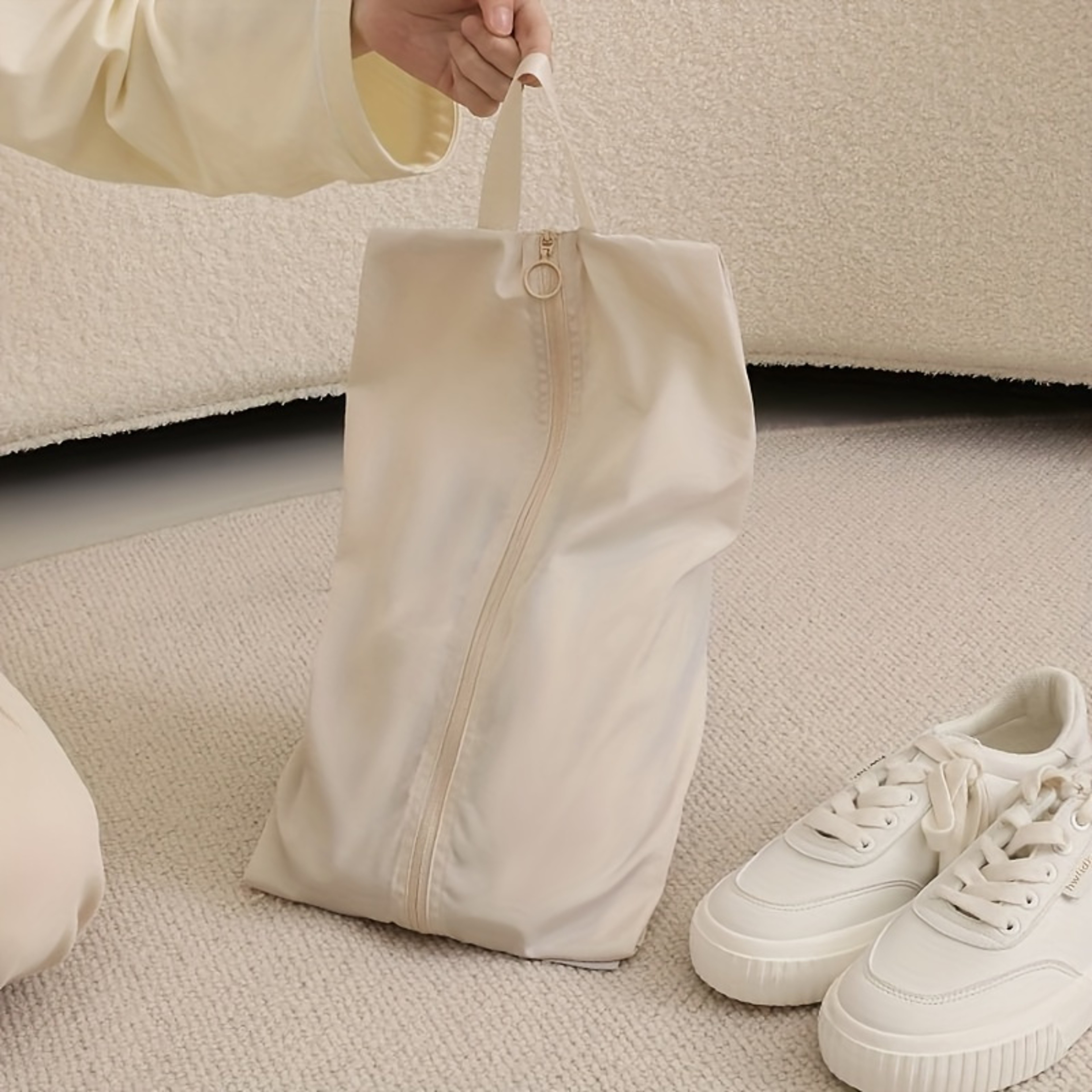 Beige Drawstring Shoe Bag Reusable Fabric Travel Storage Pouch 1