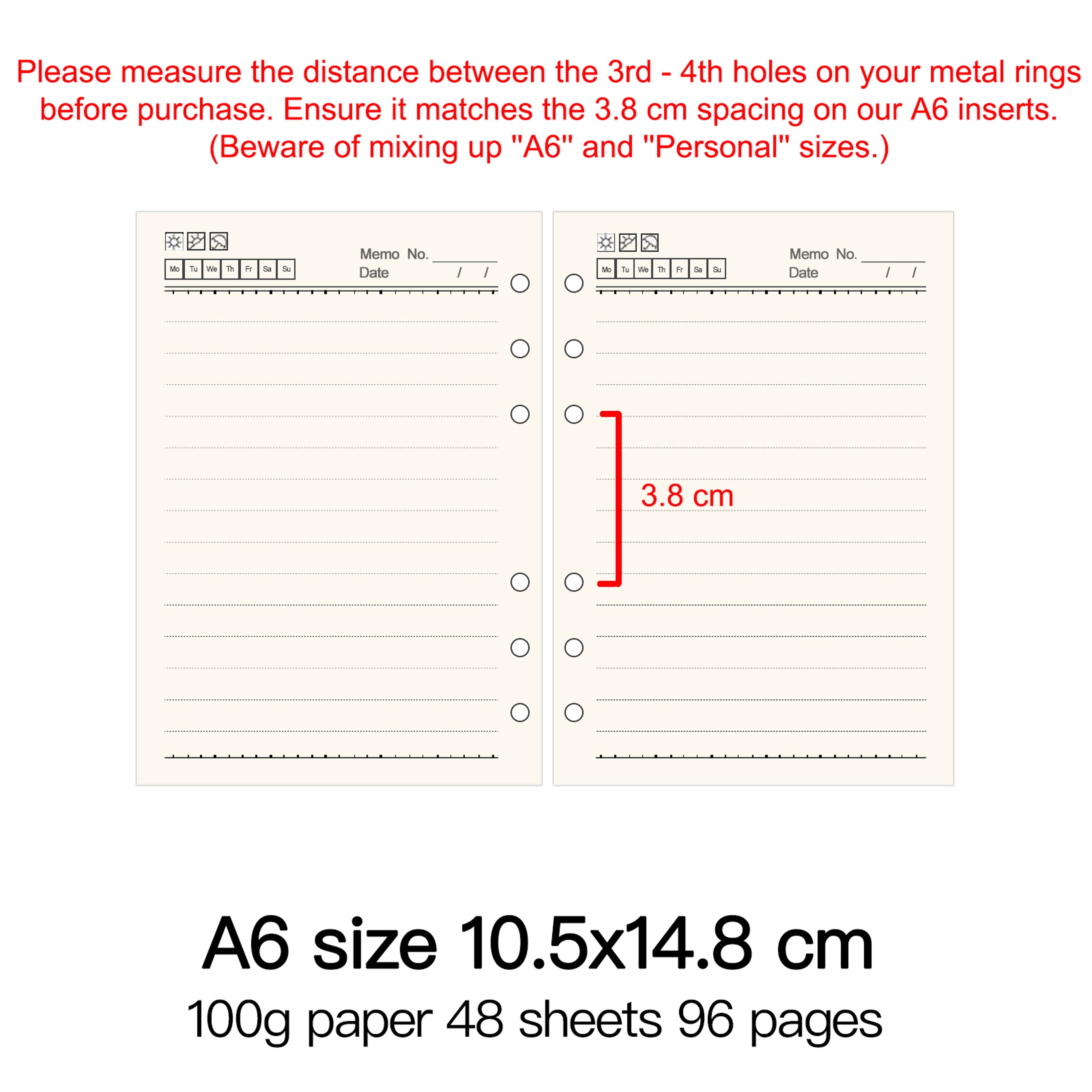 Ring Binder Notebook Refill Paper 100g 48 Sheets A5 A6 A7 A8 Personal PW 28